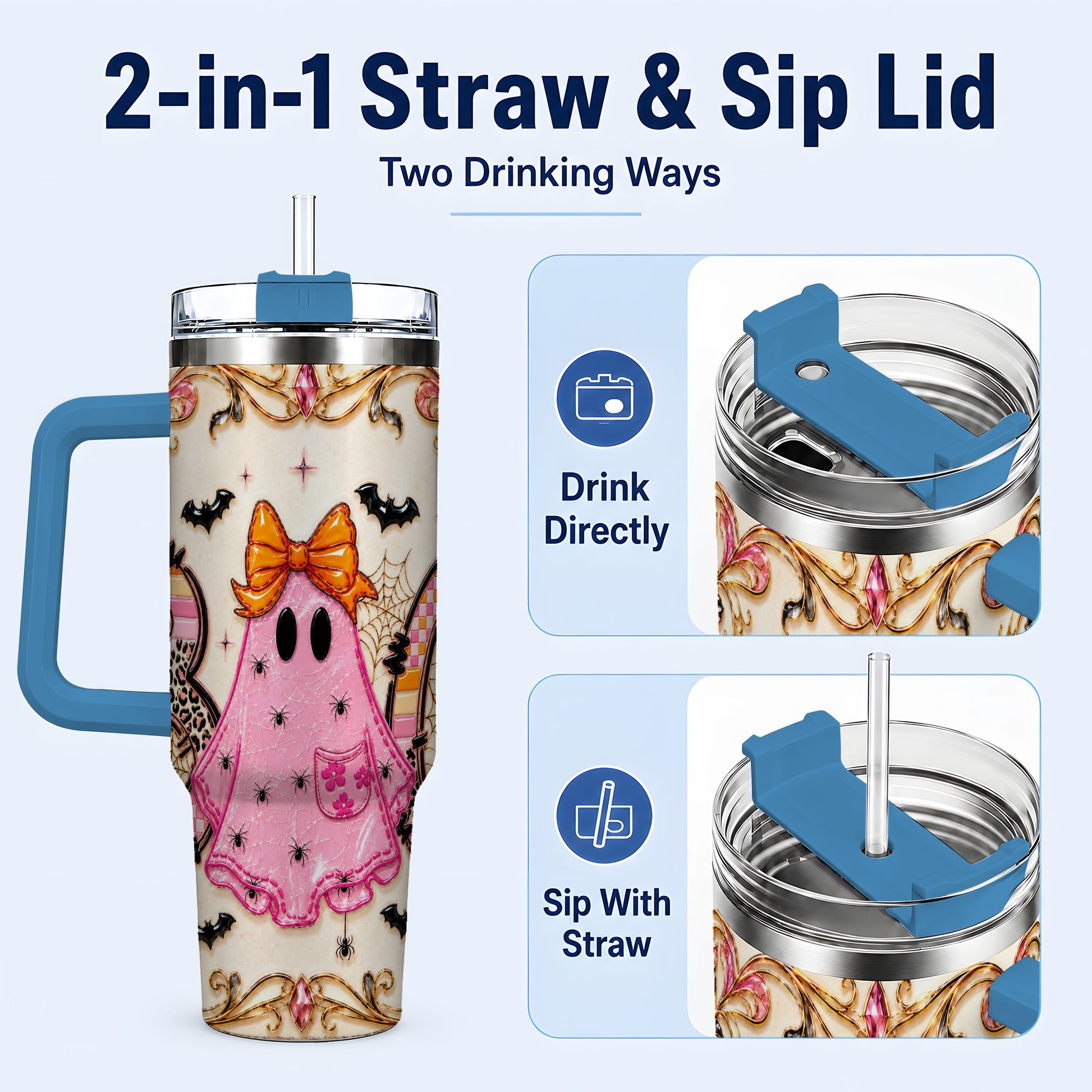 #pl[40oz|Blue] Ghost Halloween 40oz Tumbler with Handle, Stainless Steel Travel Cup