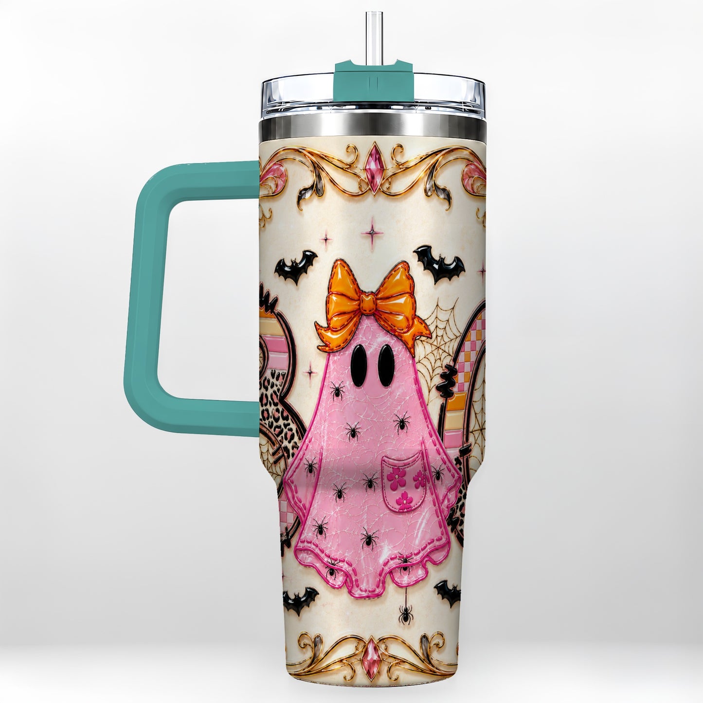 #pl[40oz|Green] Ghost Halloween 40oz Tumbler with Handle, Stainless Steel Travel Cup