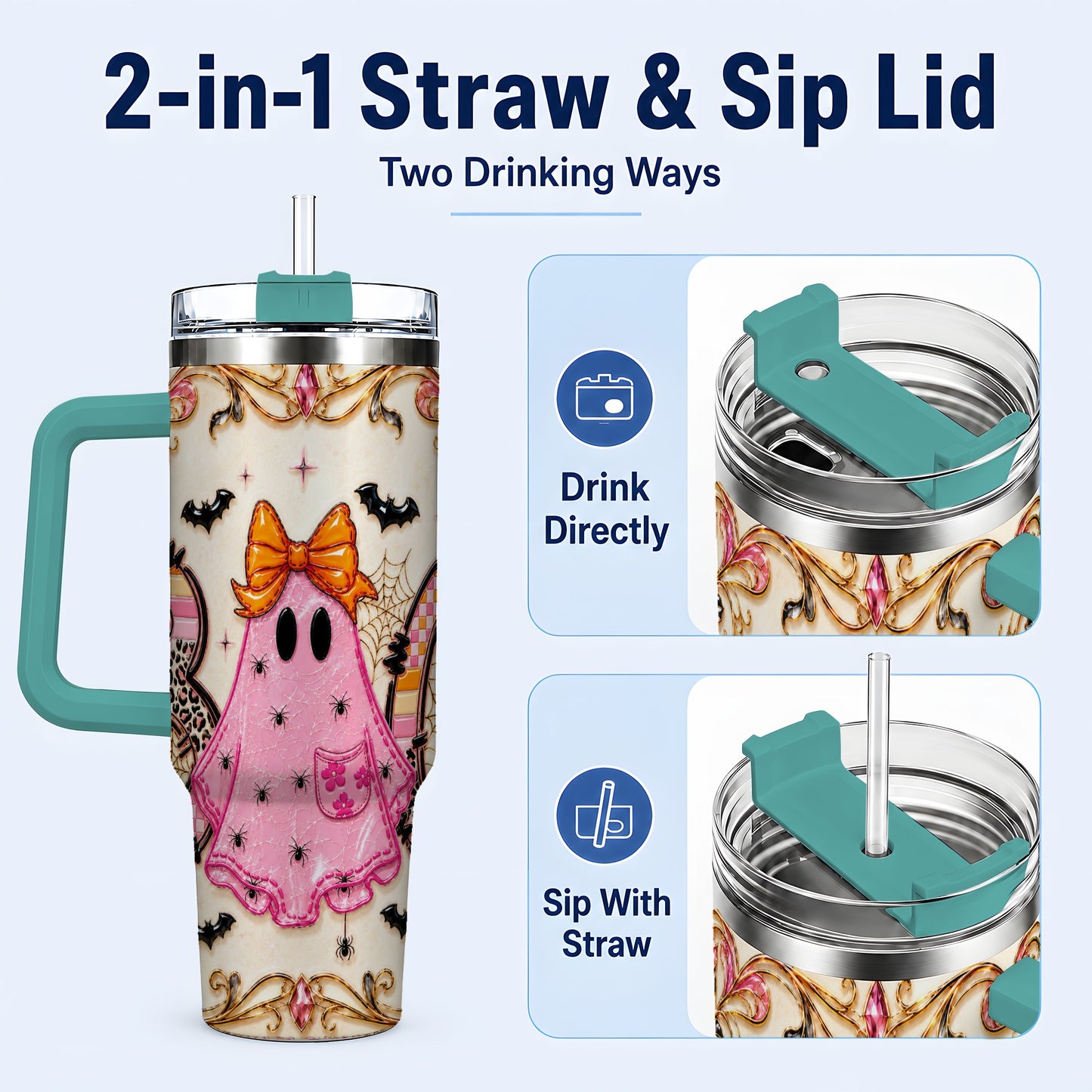#pl[40oz|Green] Ghost Halloween 40oz Tumbler with Handle, Stainless Steel Travel Cup