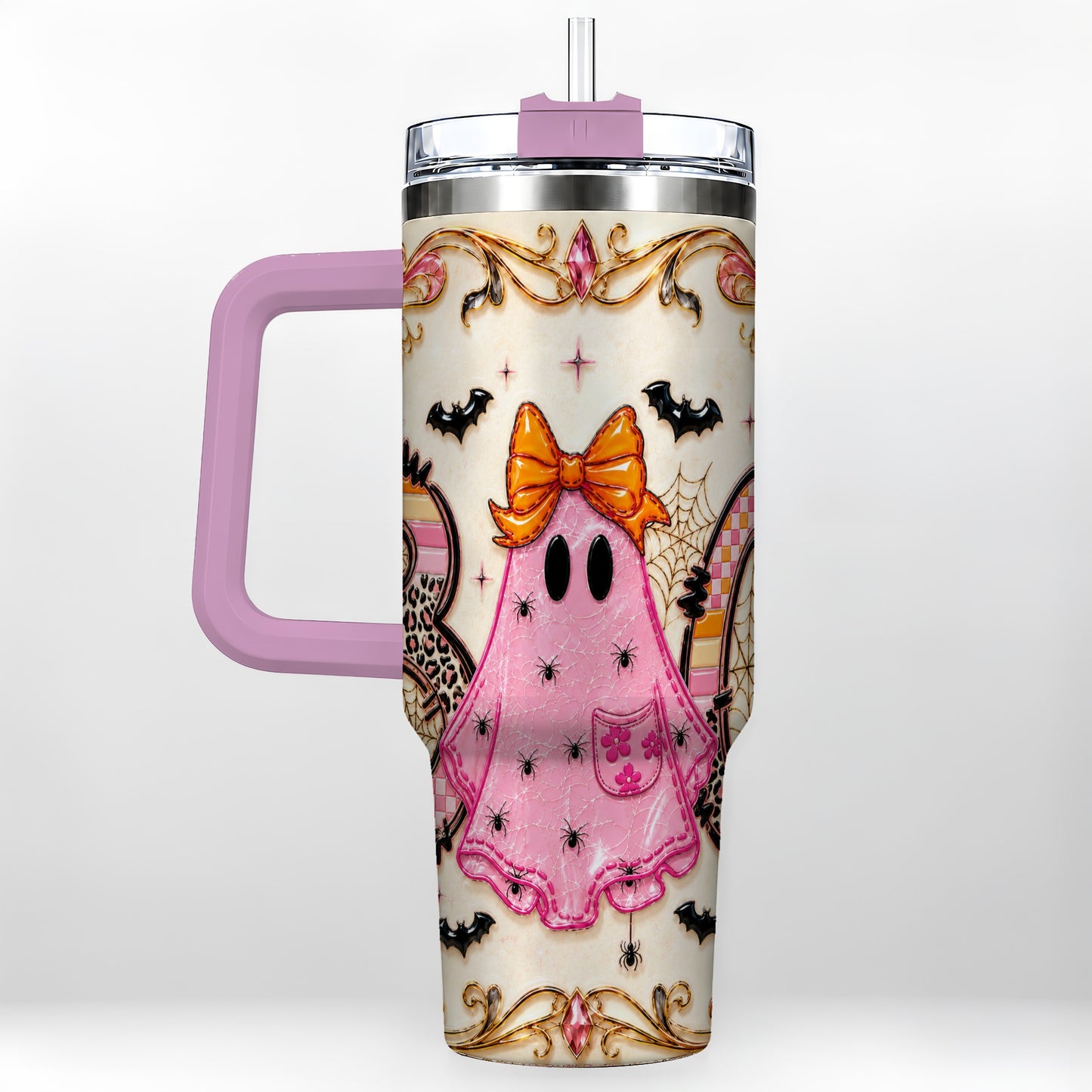 #pl[40oz|Pink] Ghost Halloween 40oz Tumbler with Handle, Stainless Steel Travel Cup