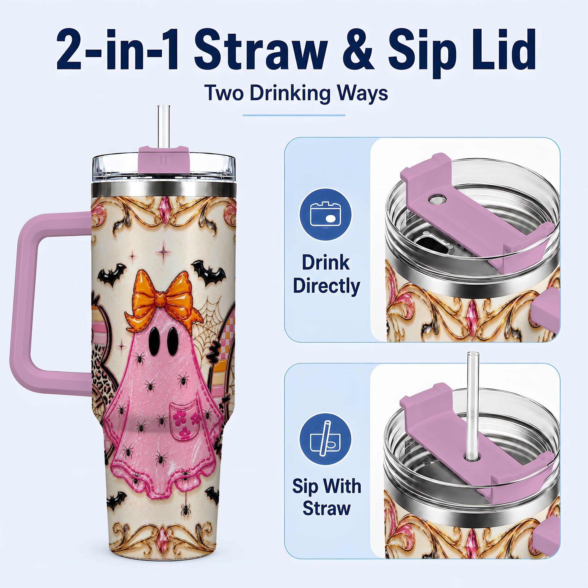 #pl[40oz|Pink] Ghost Halloween 40oz Tumbler with Handle, Stainless Steel Travel Cup