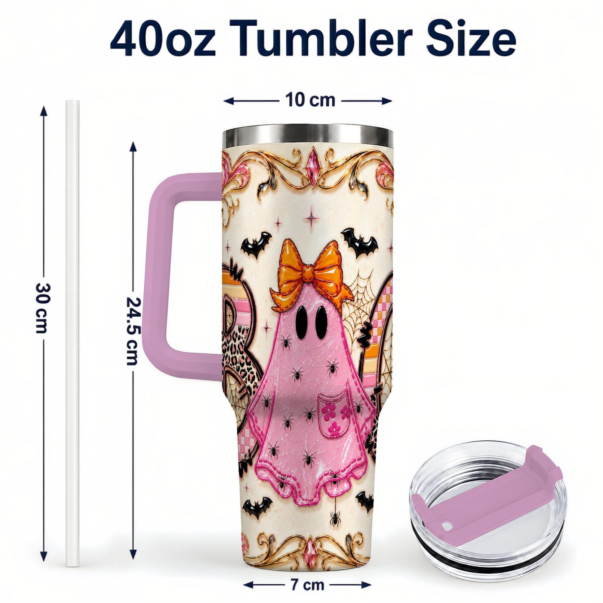 #pl[40oz|Pink] Ghost Halloween 40oz Tumbler with Handle, Stainless Steel Travel Cup