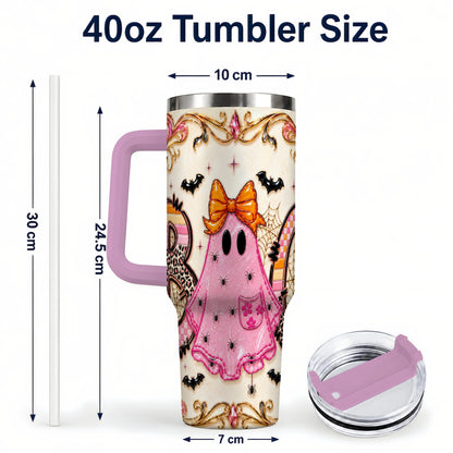 #pl[40oz|Pink] Ghost Halloween 40oz Tumbler with Handle, Stainless Steel Travel Cup