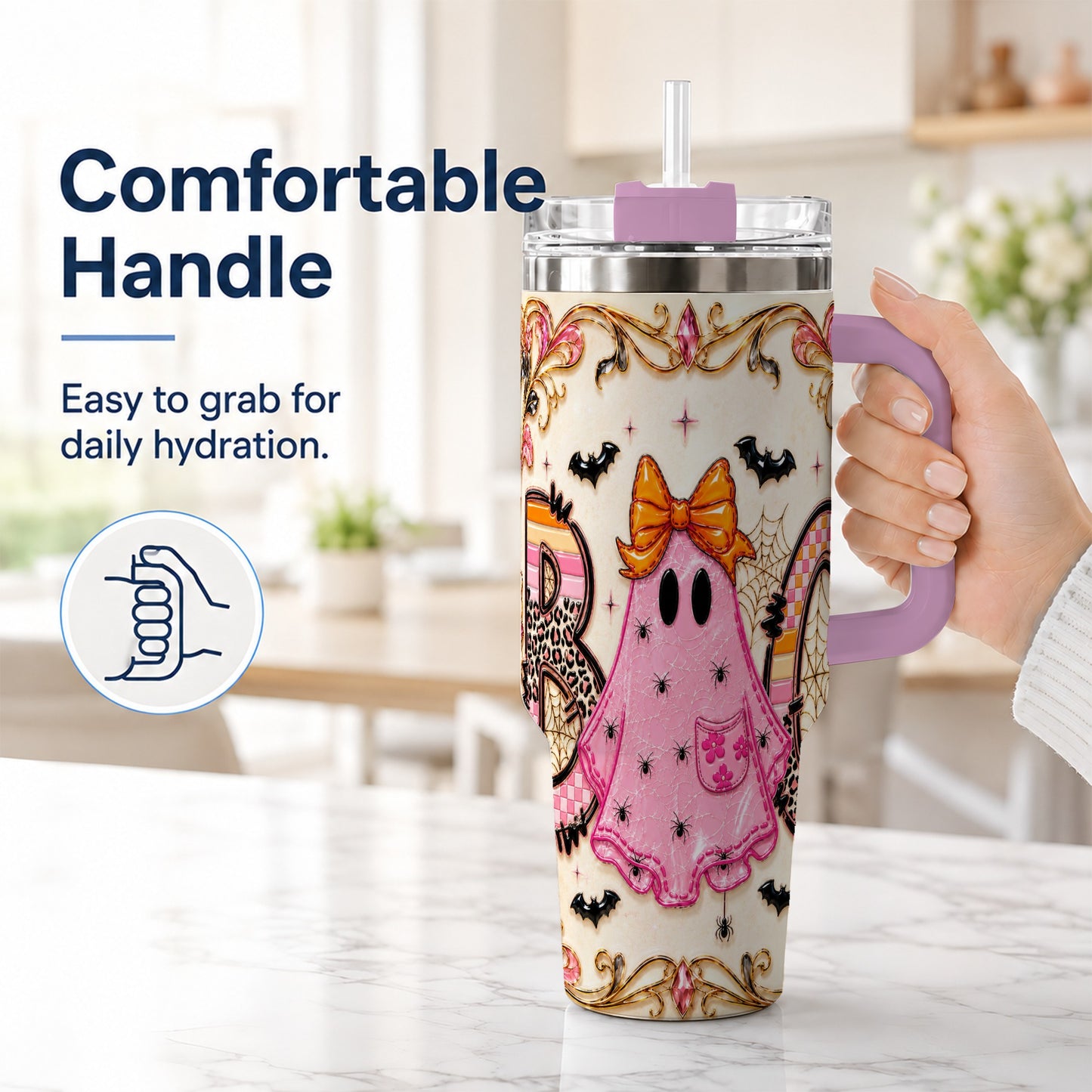 #pl[40oz|Pink] Ghost Halloween 40oz Tumbler with Handle, Stainless Steel Travel Cup