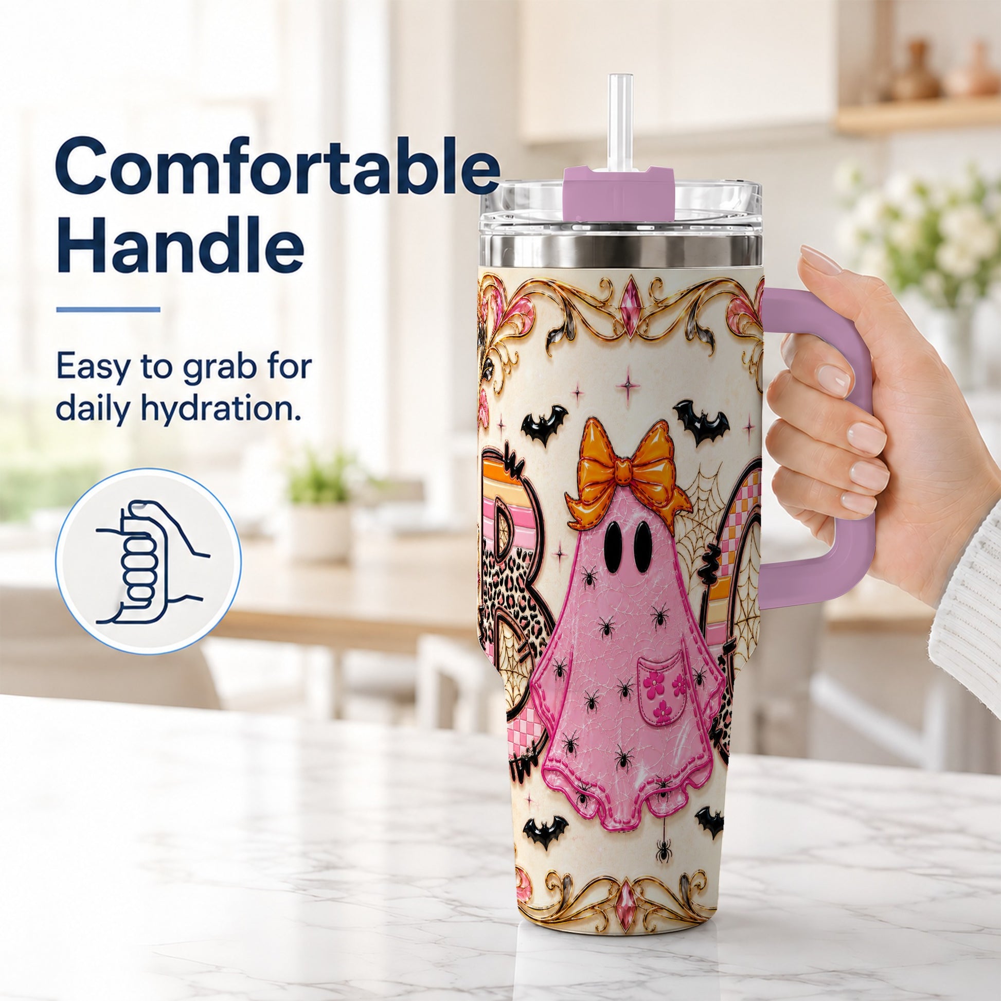 #pl[40oz|Pink] Ghost Halloween 40oz Tumbler with Handle, Stainless Steel Travel Cup