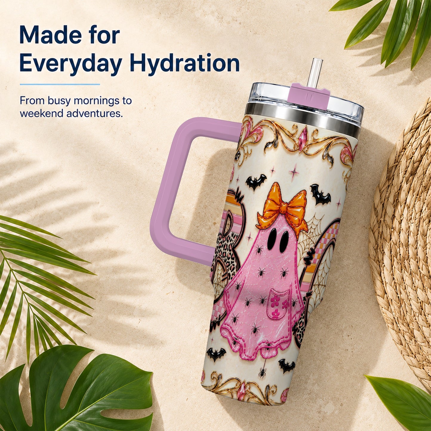 #pl[40oz|Pink] Ghost Halloween 40oz Tumbler with Handle, Stainless Steel Travel Cup