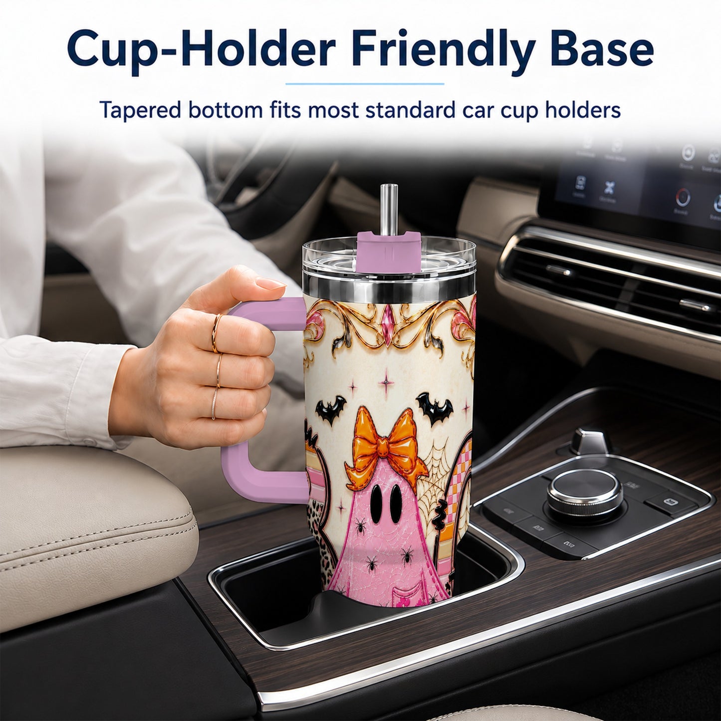 #pl[40oz|Pink] Ghost Halloween 40oz Tumbler with Handle, Stainless Steel Travel Cup