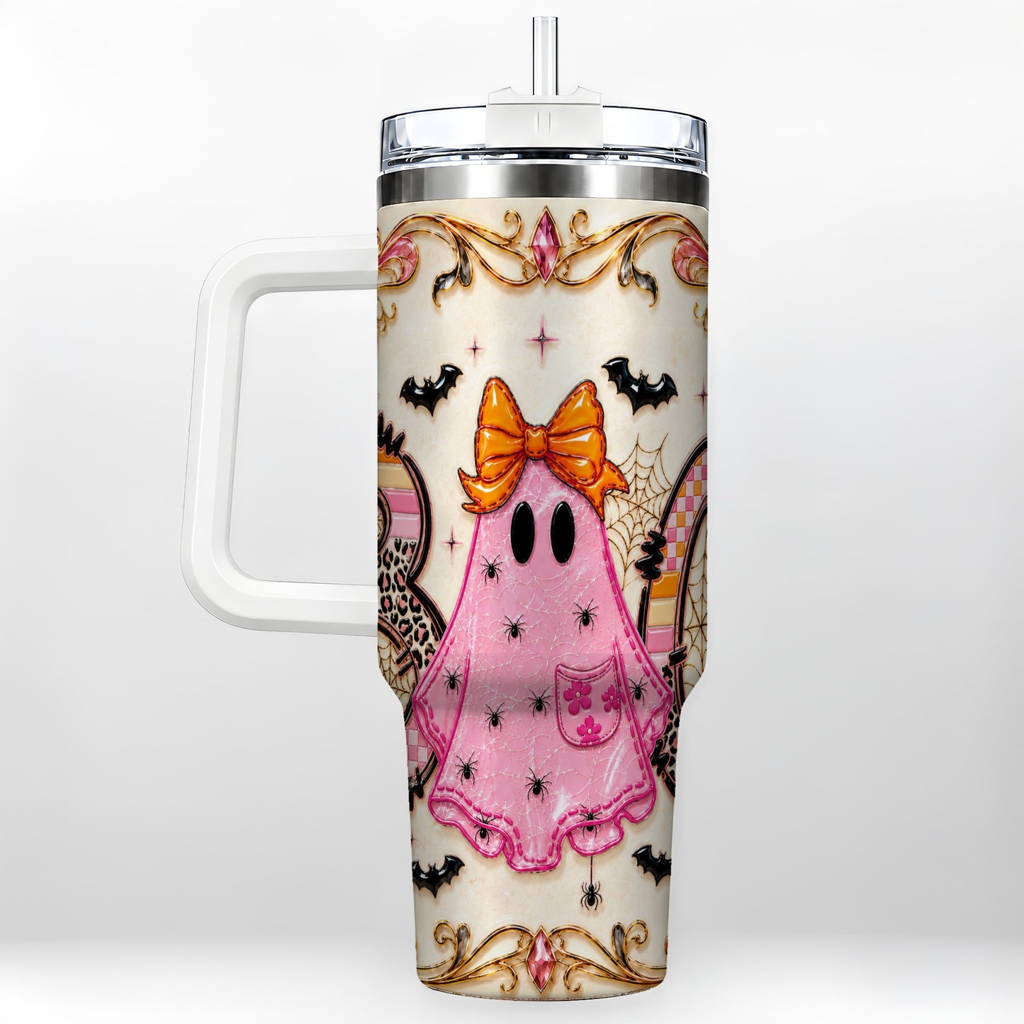 #pl[40oz|White] Ghost Halloween 40oz Tumbler with Handle, Stainless Steel Travel Cup