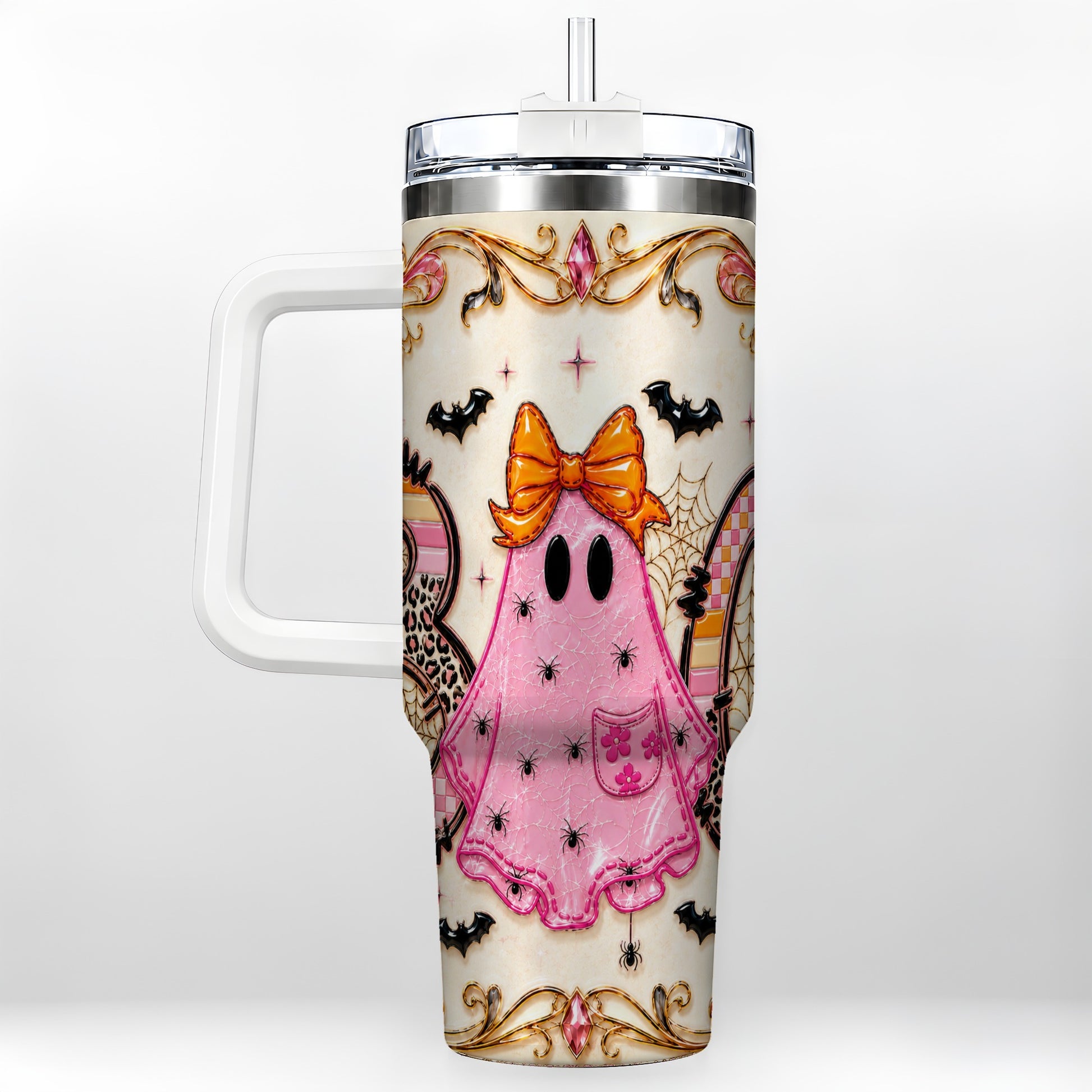 #pl[40oz|White] Ghost Halloween 40oz Tumbler with Handle, Stainless Steel Travel Cup