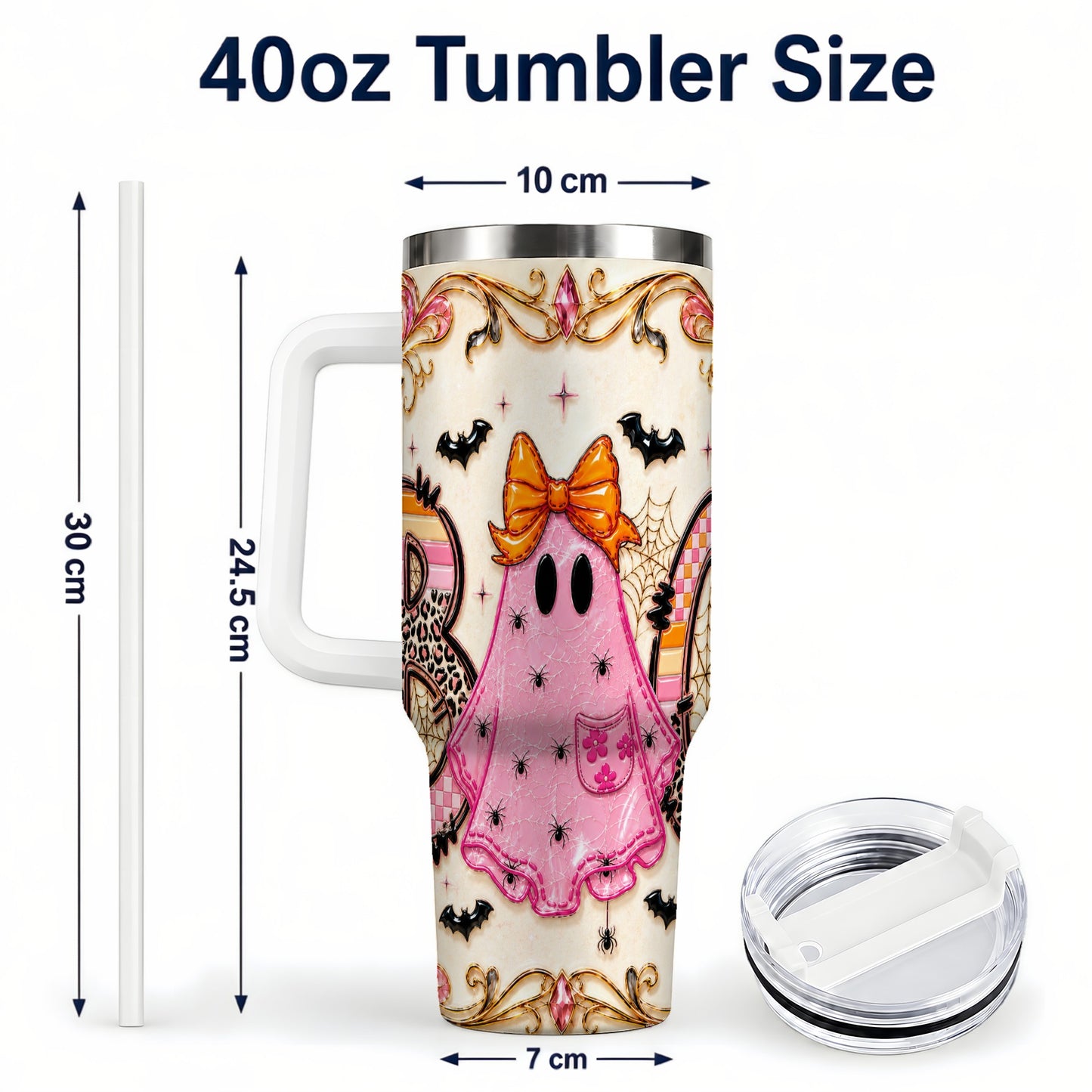 #pl[40oz|White] Ghost Halloween 40oz Tumbler with Handle, Stainless Steel Travel Cup