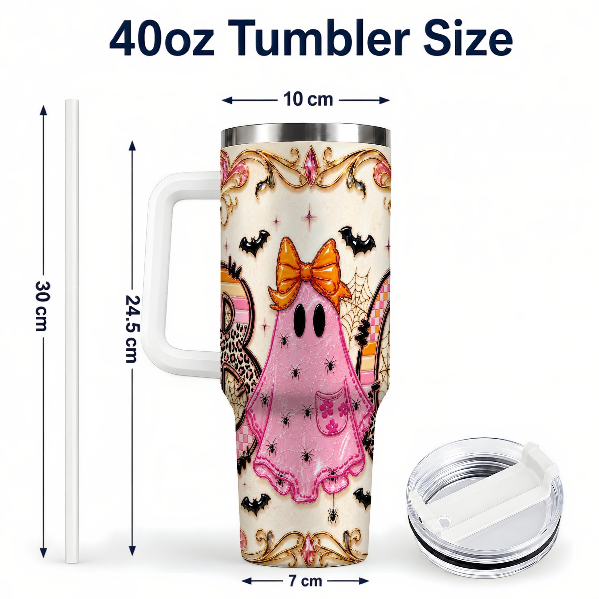 #pl[40oz|White] Ghost Halloween 40oz Tumbler with Handle, Stainless Steel Travel Cup