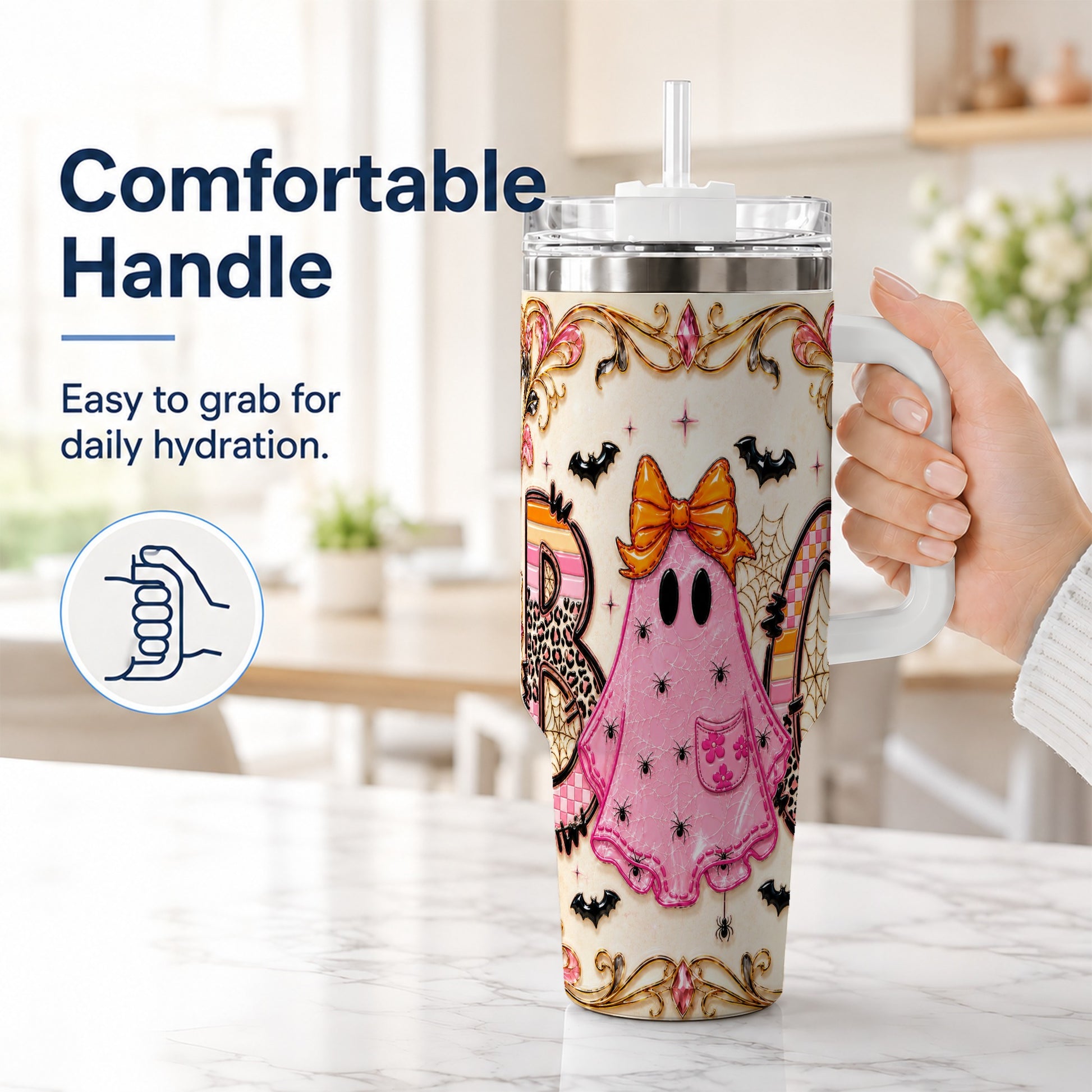 #pl[40oz|White] Ghost Halloween 40oz Tumbler with Handle, Stainless Steel Travel Cup