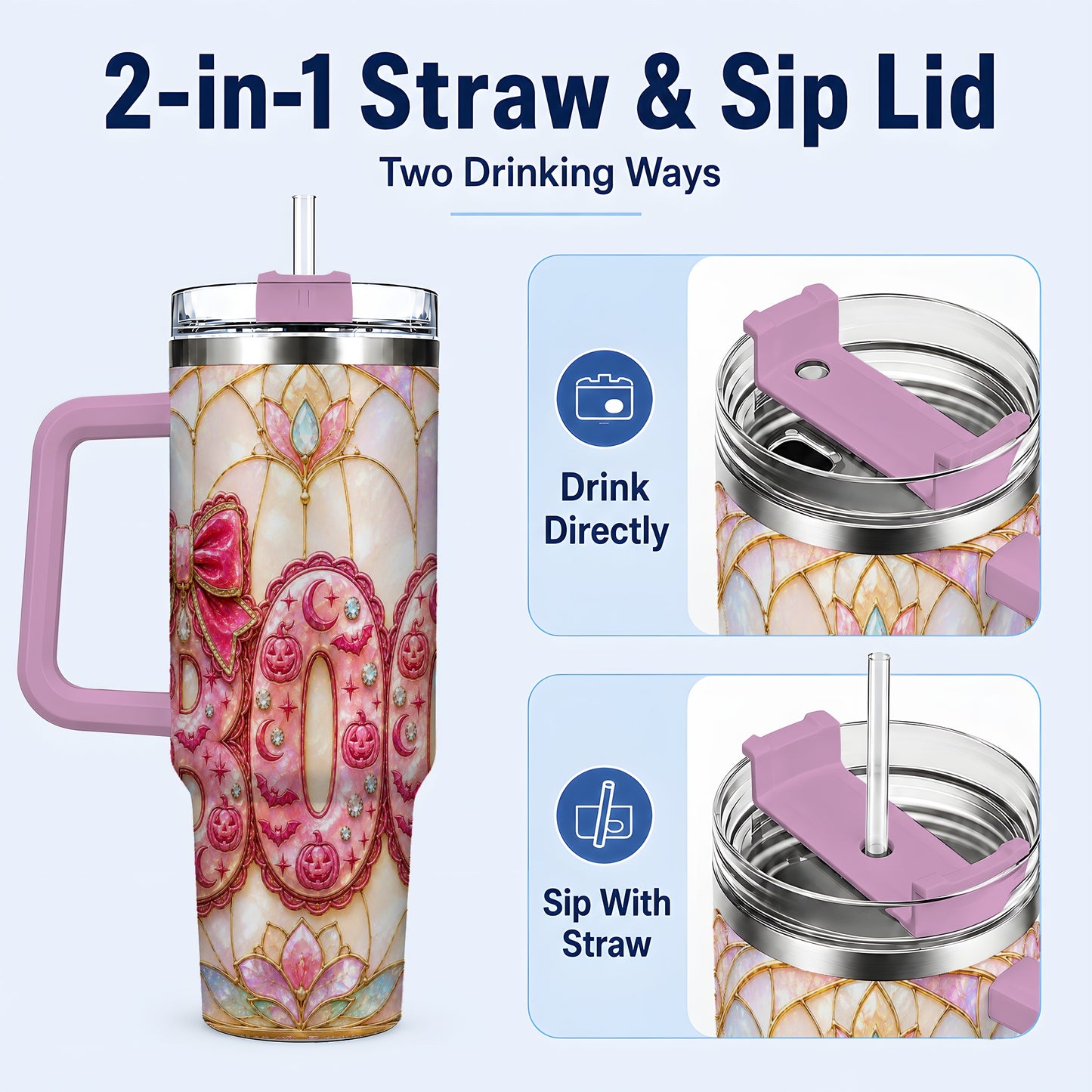 #pl[40oz|Pink] Halloween Pumpkin 40oz Tumbler with Handle, Stainless Steel Travel Cup