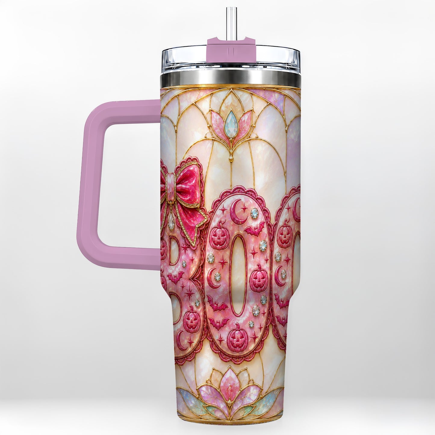 #pl[40oz|Pink] Halloween Pumpkin 40oz Tumbler with Handle, Stainless Steel Travel Cup