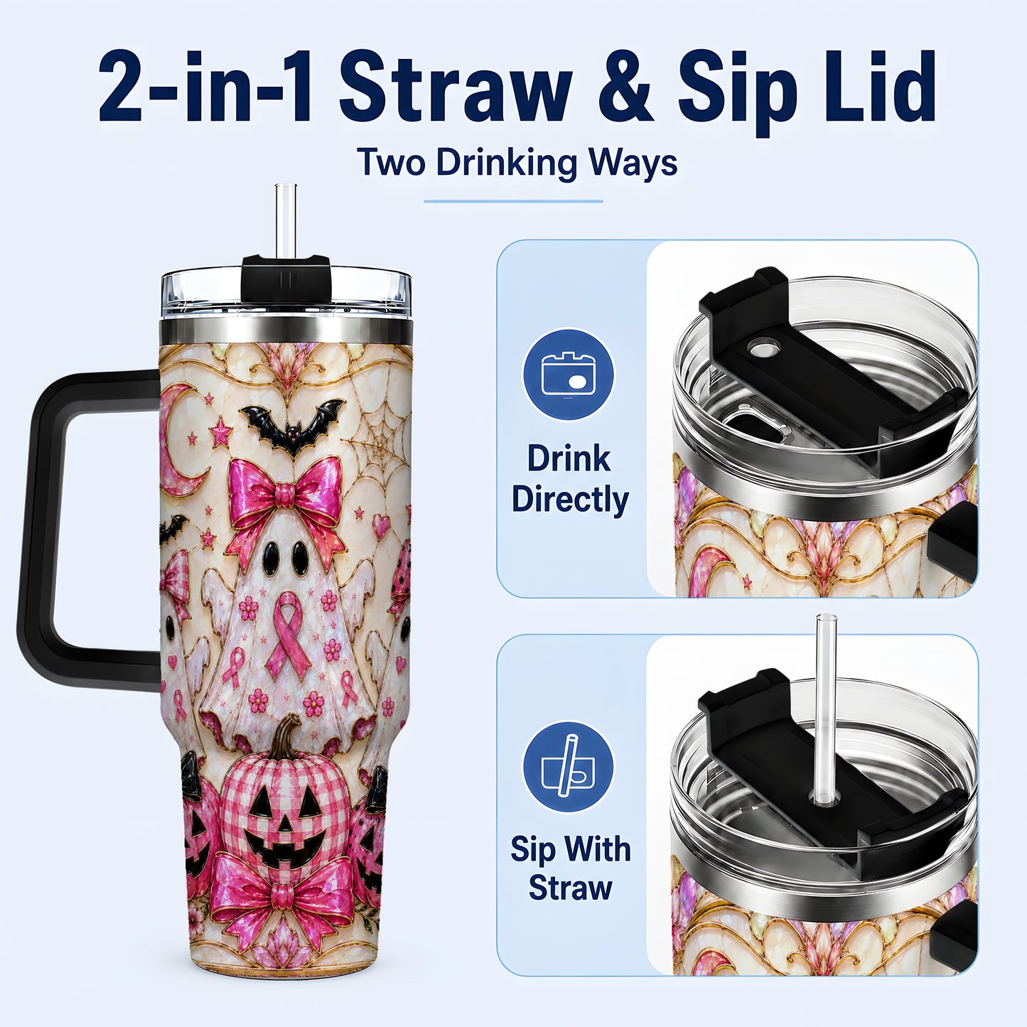 #pl[40oz|Black] Ghost Trio Halloween 40oz Tumbler with Handle, Stainless Steel Travel Cup