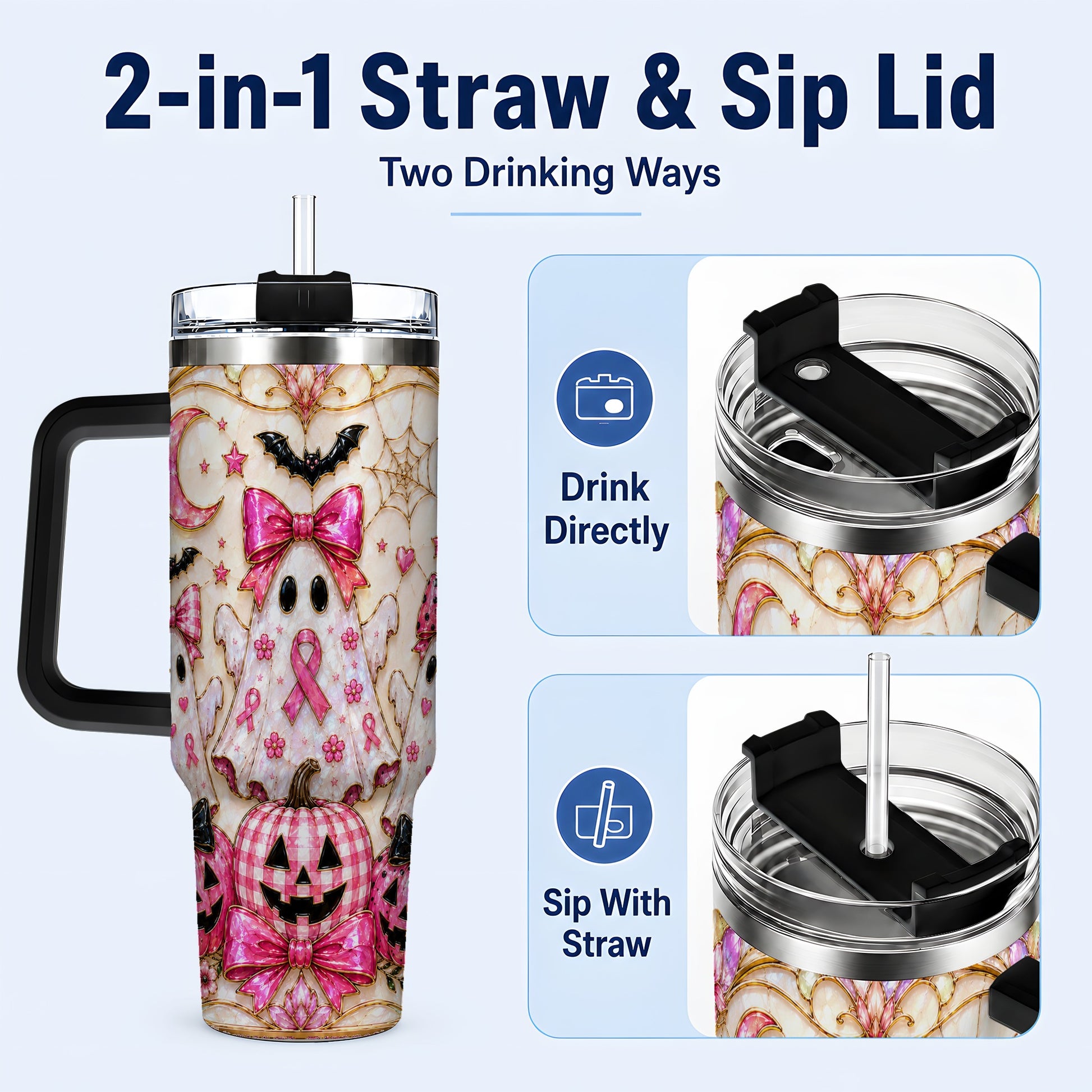 #pl[40oz|Black] Ghost Trio Halloween 40oz Tumbler with Handle, Stainless Steel Travel Cup