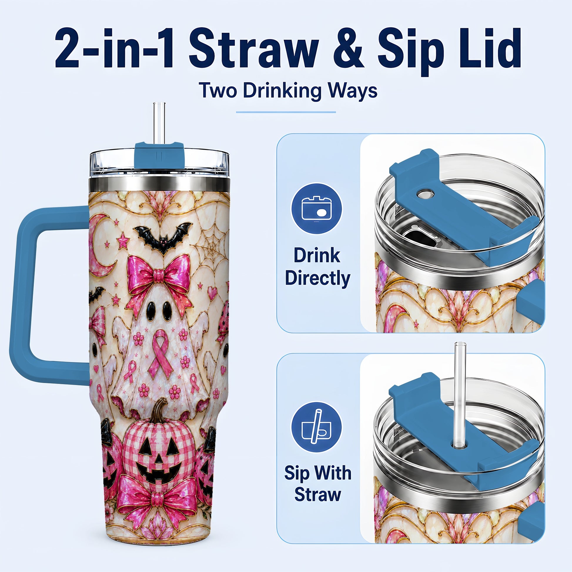 #pl[40oz|Blue] Ghost Trio Halloween 40oz Tumbler with Handle, Stainless Steel Travel Cup
