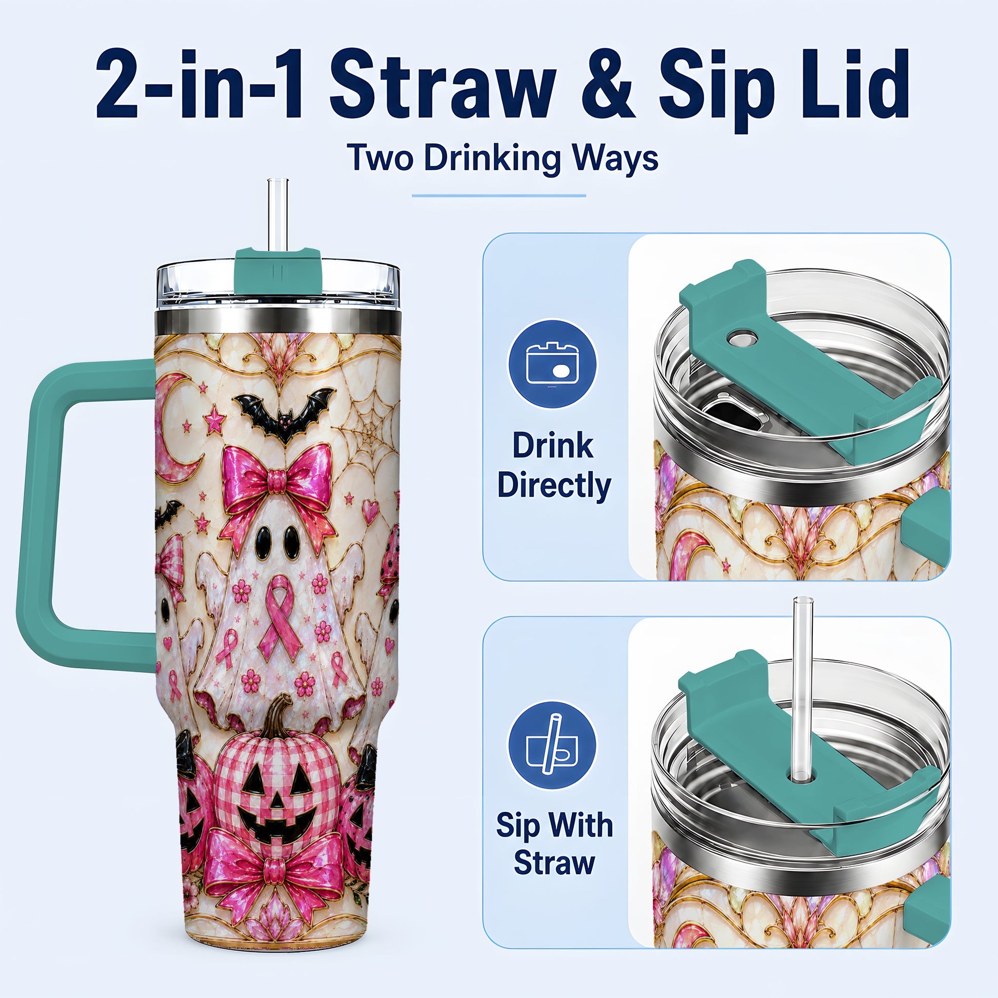 #pl[40oz|Green] Ghost Trio Halloween 40oz Tumbler with Handle, Stainless Steel Travel Cup