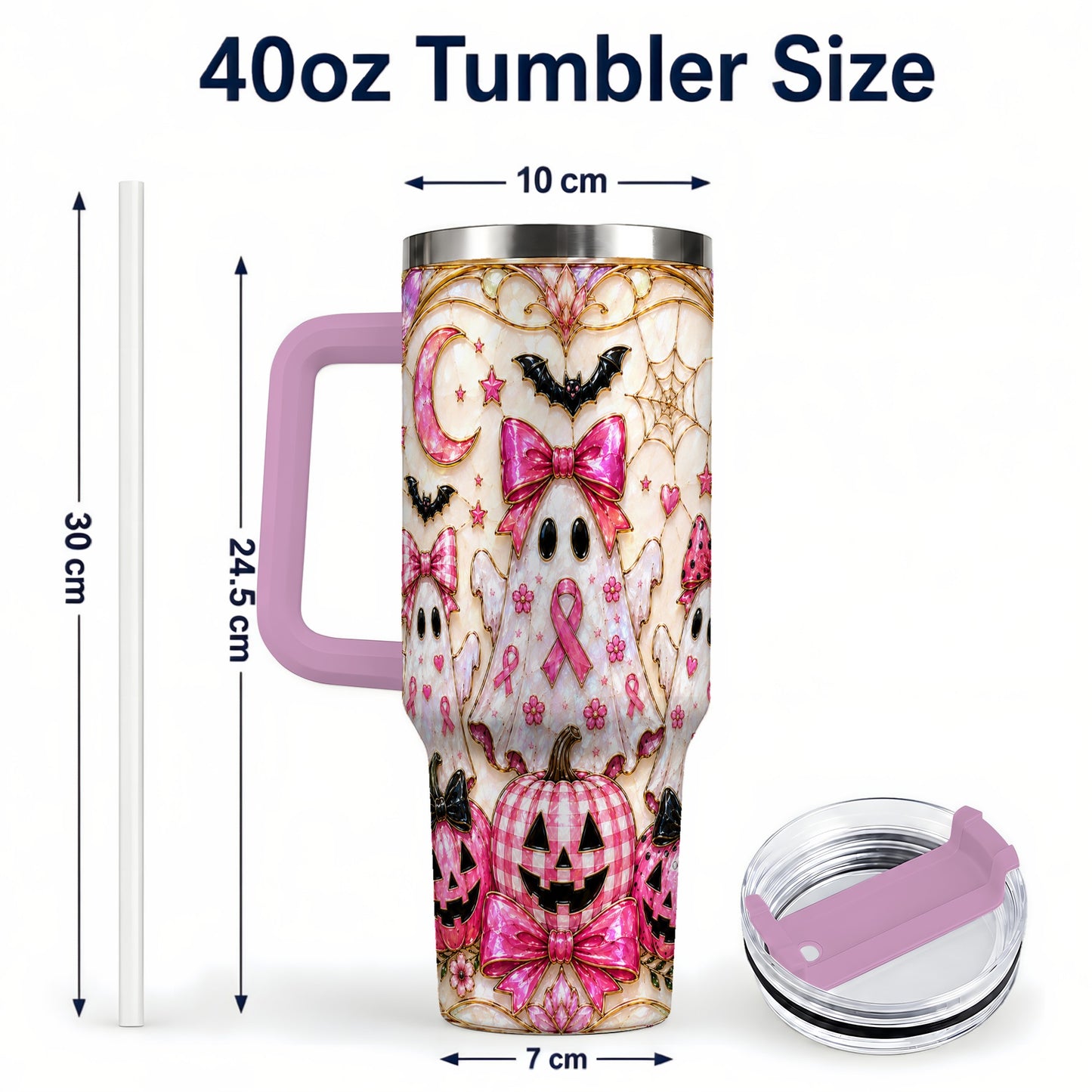#pl[40oz|Pink] Ghost Trio Halloween 40oz Tumbler with Handle, Stainless Steel Travel Cup