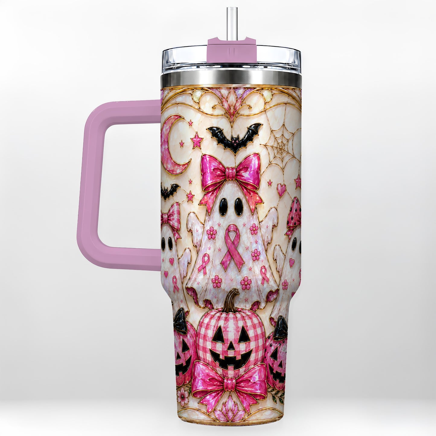 #pl[40oz|Pink] Ghost Trio Halloween 40oz Tumbler with Handle, Stainless Steel Travel Cup