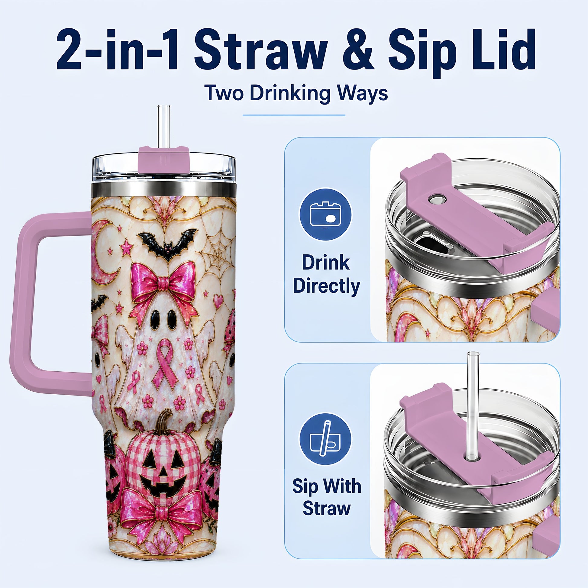 #pl[40oz|Pink] Ghost Trio Halloween 40oz Tumbler with Handle, Stainless Steel Travel Cup
