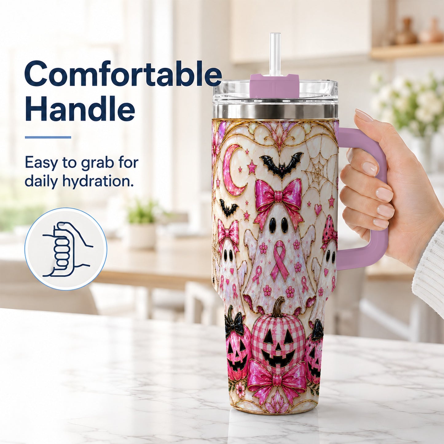 #pl[40oz|Pink] Ghost Trio Halloween 40oz Tumbler with Handle, Stainless Steel Travel Cup