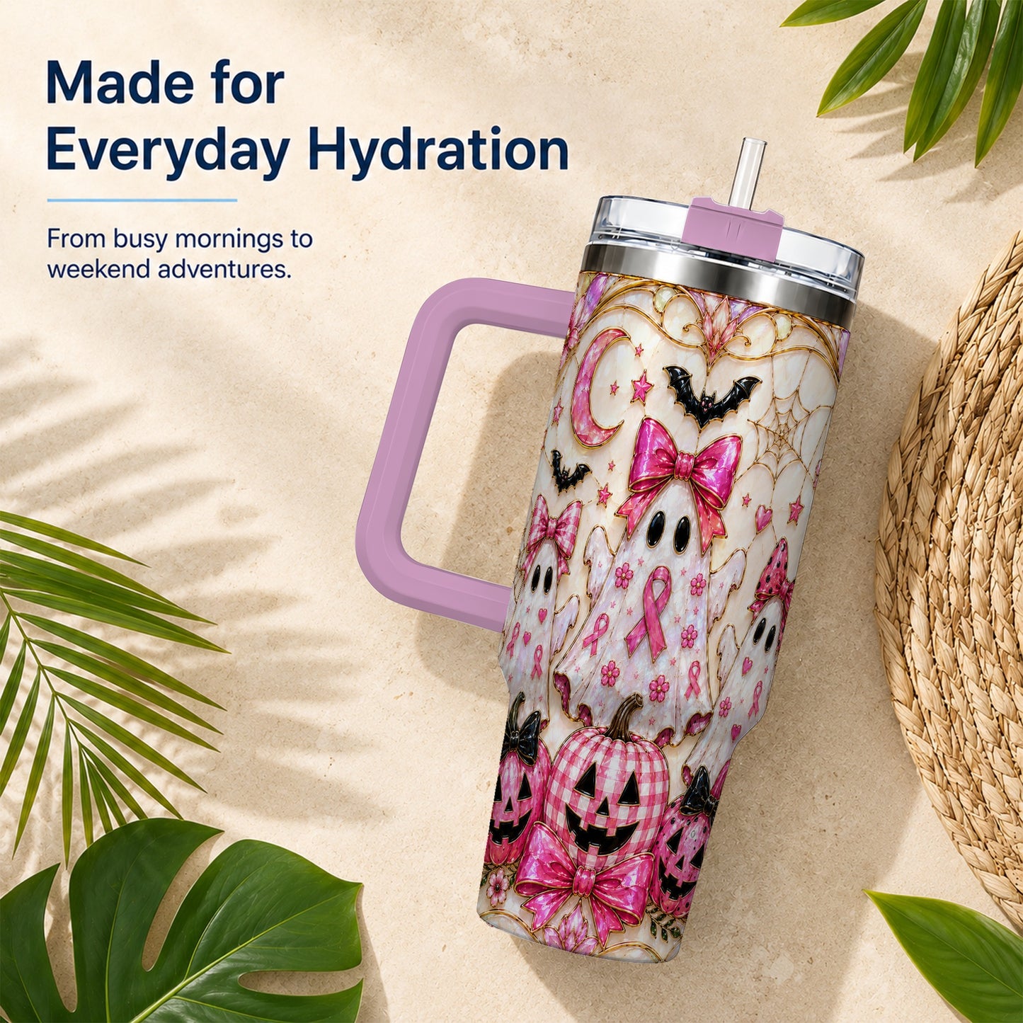 #pl[40oz|Pink] Ghost Trio Halloween 40oz Tumbler with Handle, Stainless Steel Travel Cup