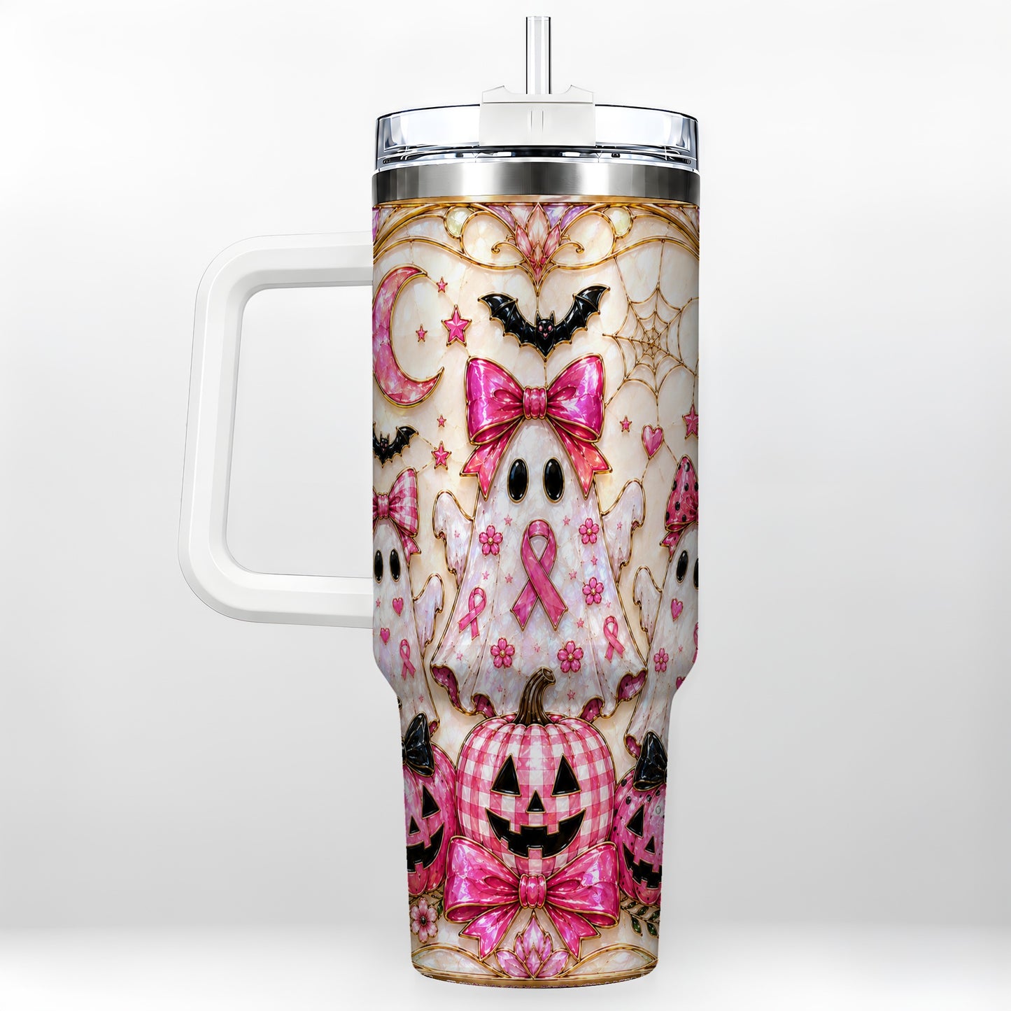 #pl[40oz|White] Ghost Trio Halloween 40oz Tumbler with Handle, Stainless Steel Travel Cup