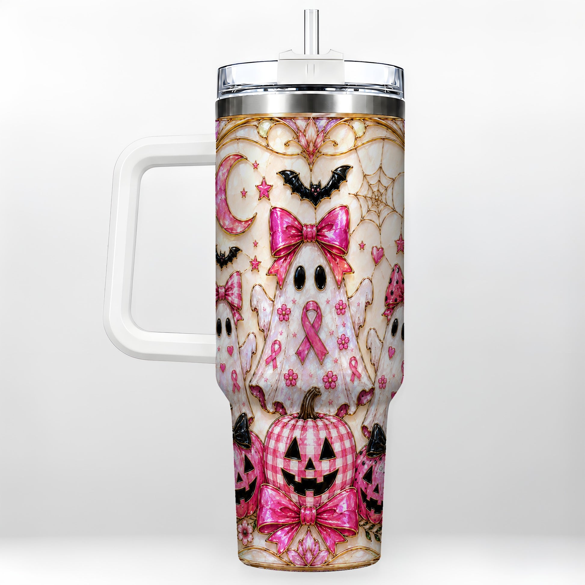 #pl[40oz|White] Ghost Trio Halloween 40oz Tumbler with Handle, Stainless Steel Travel Cup