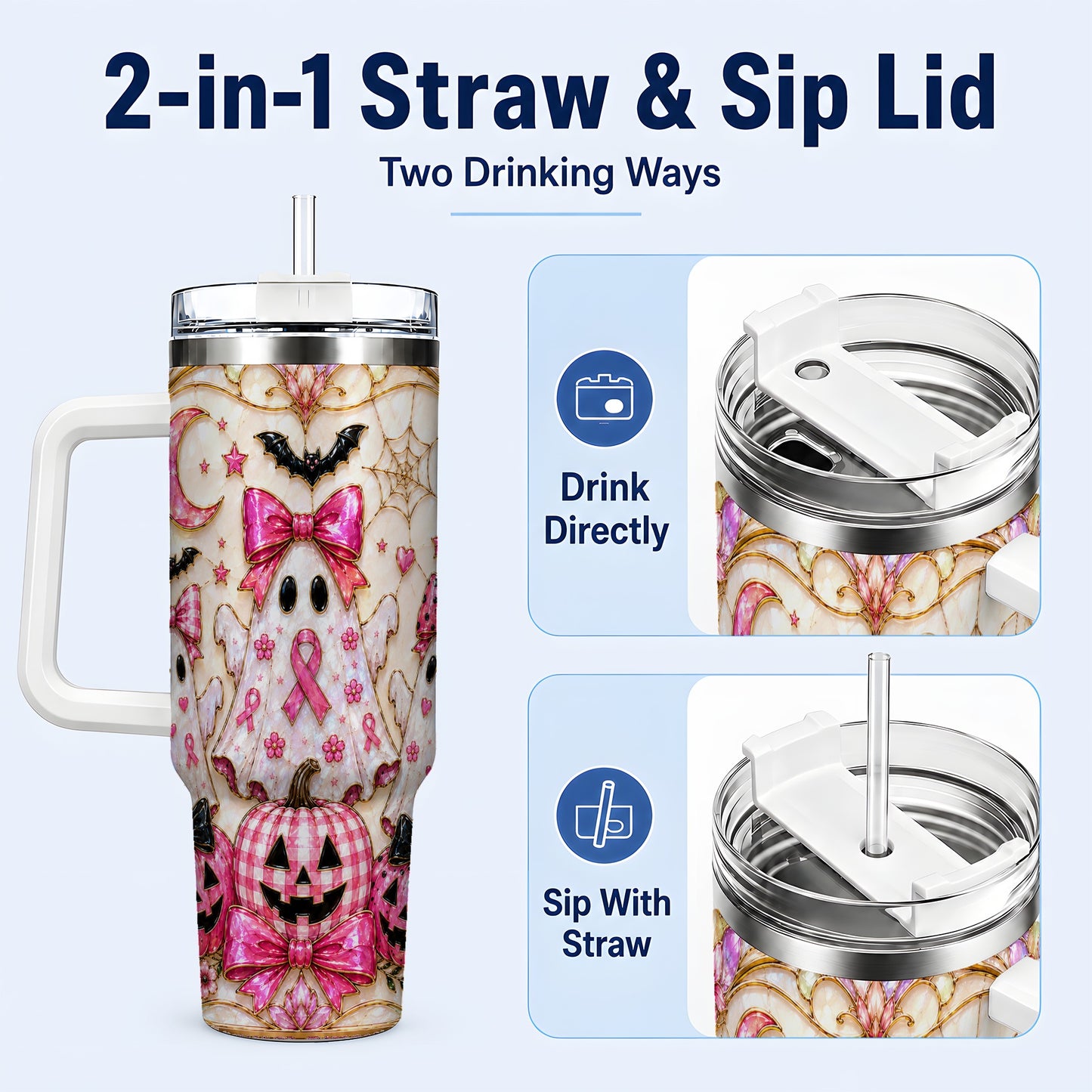 #pl[40oz|White] Ghost Trio Halloween 40oz Tumbler with Handle, Stainless Steel Travel Cup