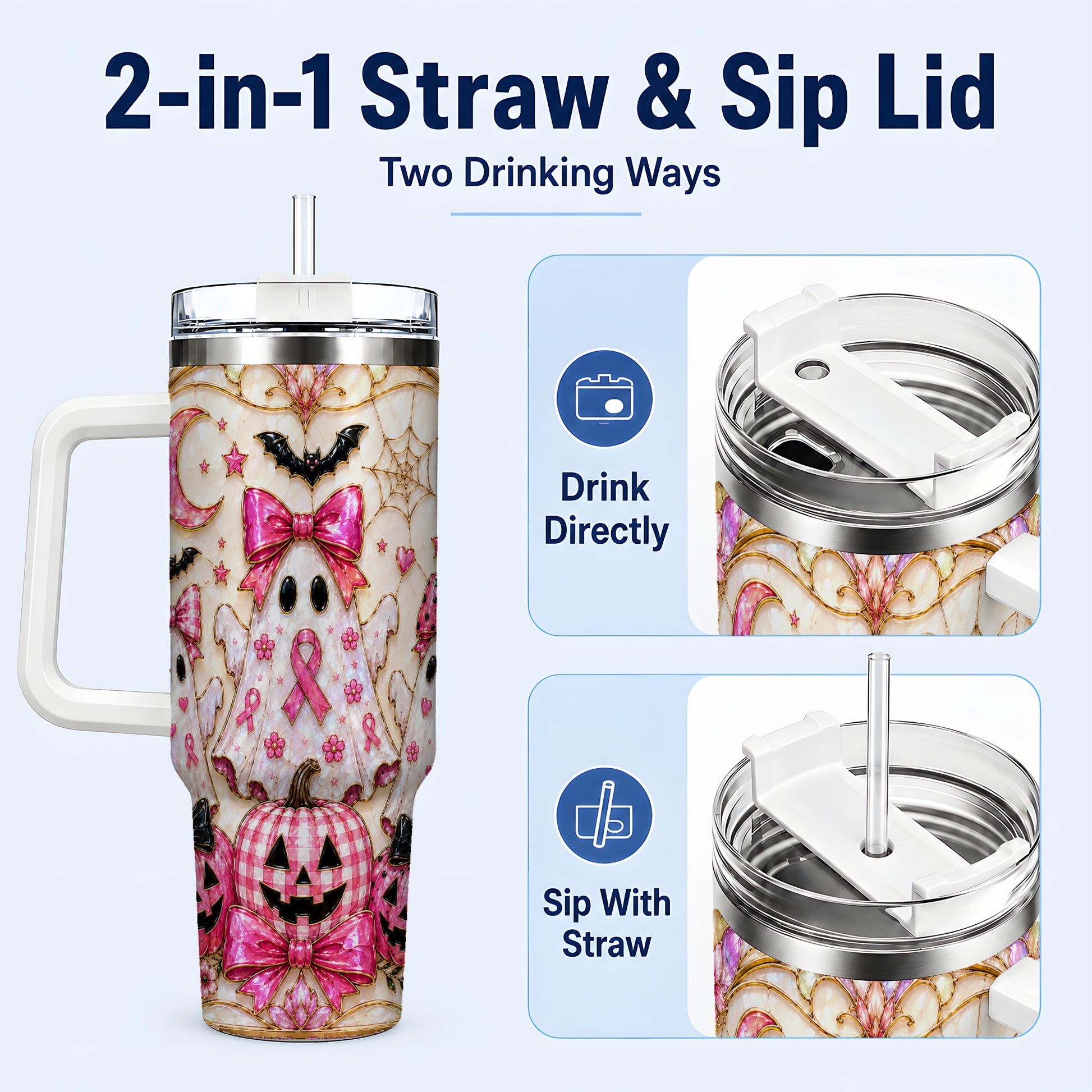 #pl[40oz|White] Ghost Trio Halloween 40oz Tumbler with Handle, Stainless Steel Travel Cup