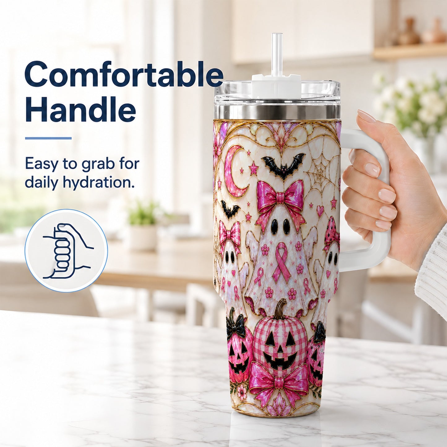 #pl[40oz|White] Ghost Trio Halloween 40oz Tumbler with Handle, Stainless Steel Travel Cup