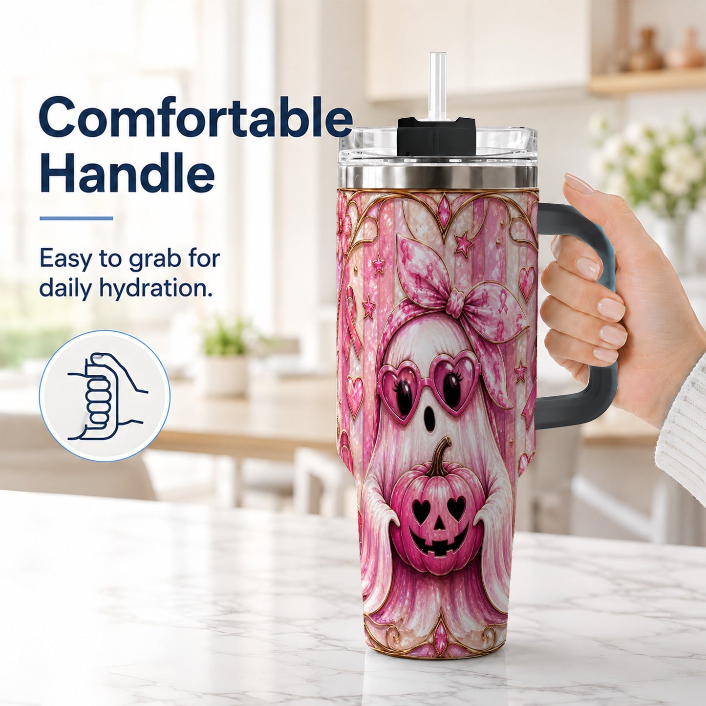#pl[40oz|Black] Ghost Pumpkin 40oz Tumbler with Handle, Stainless Steel Travel Cup