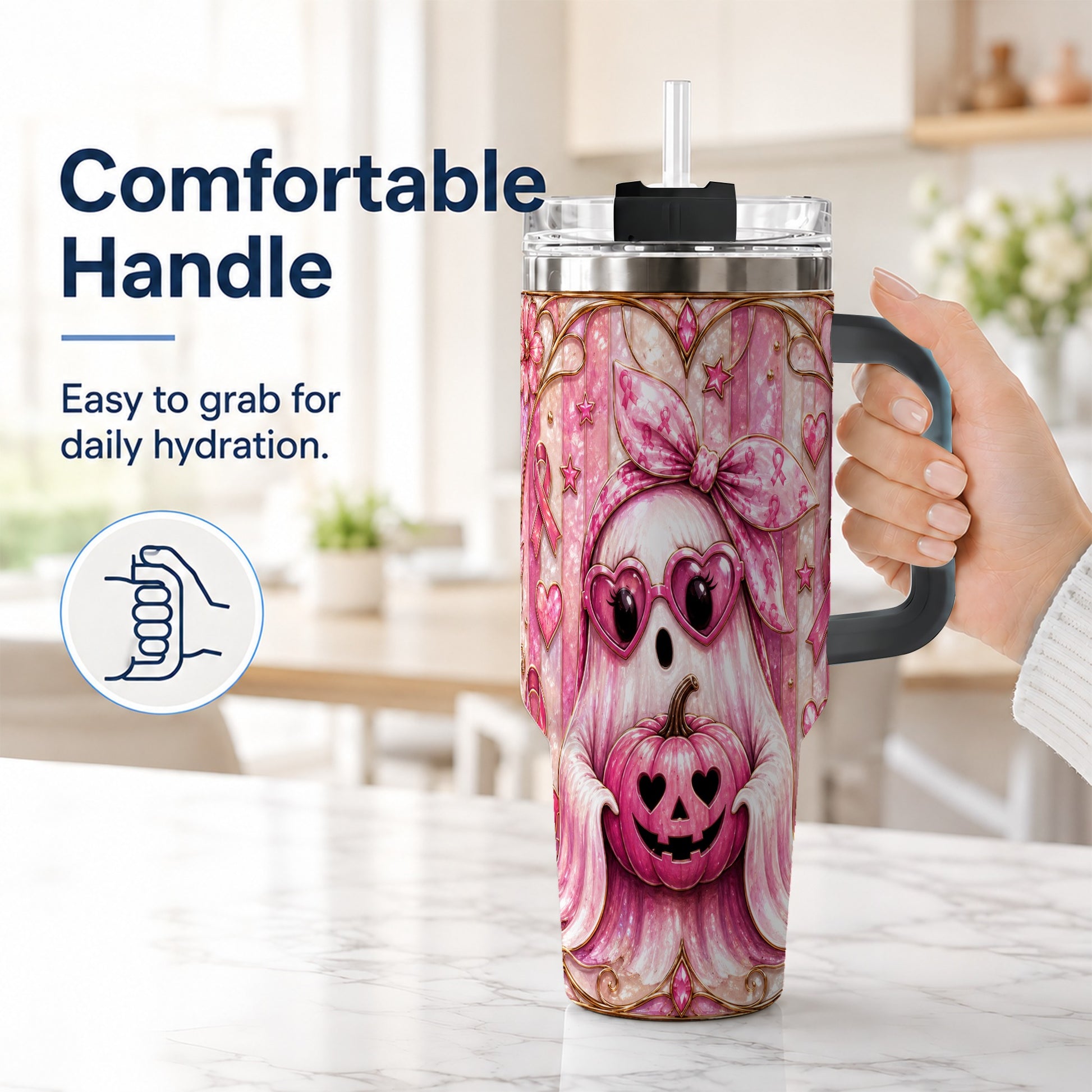 #pl[40oz|Black] Ghost Pumpkin 40oz Tumbler with Handle, Stainless Steel Travel Cup