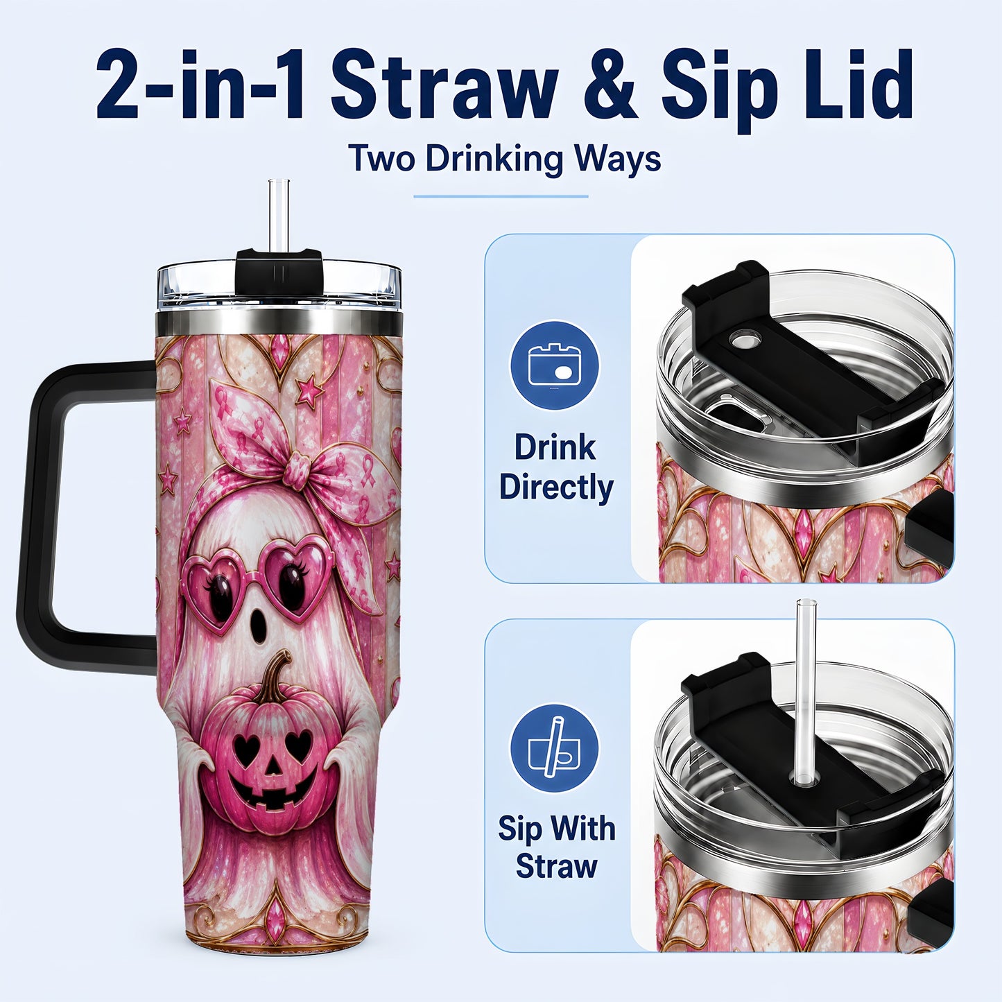 #pl[40oz|Black] Ghost Pumpkin 40oz Tumbler with Handle, Stainless Steel Travel Cup