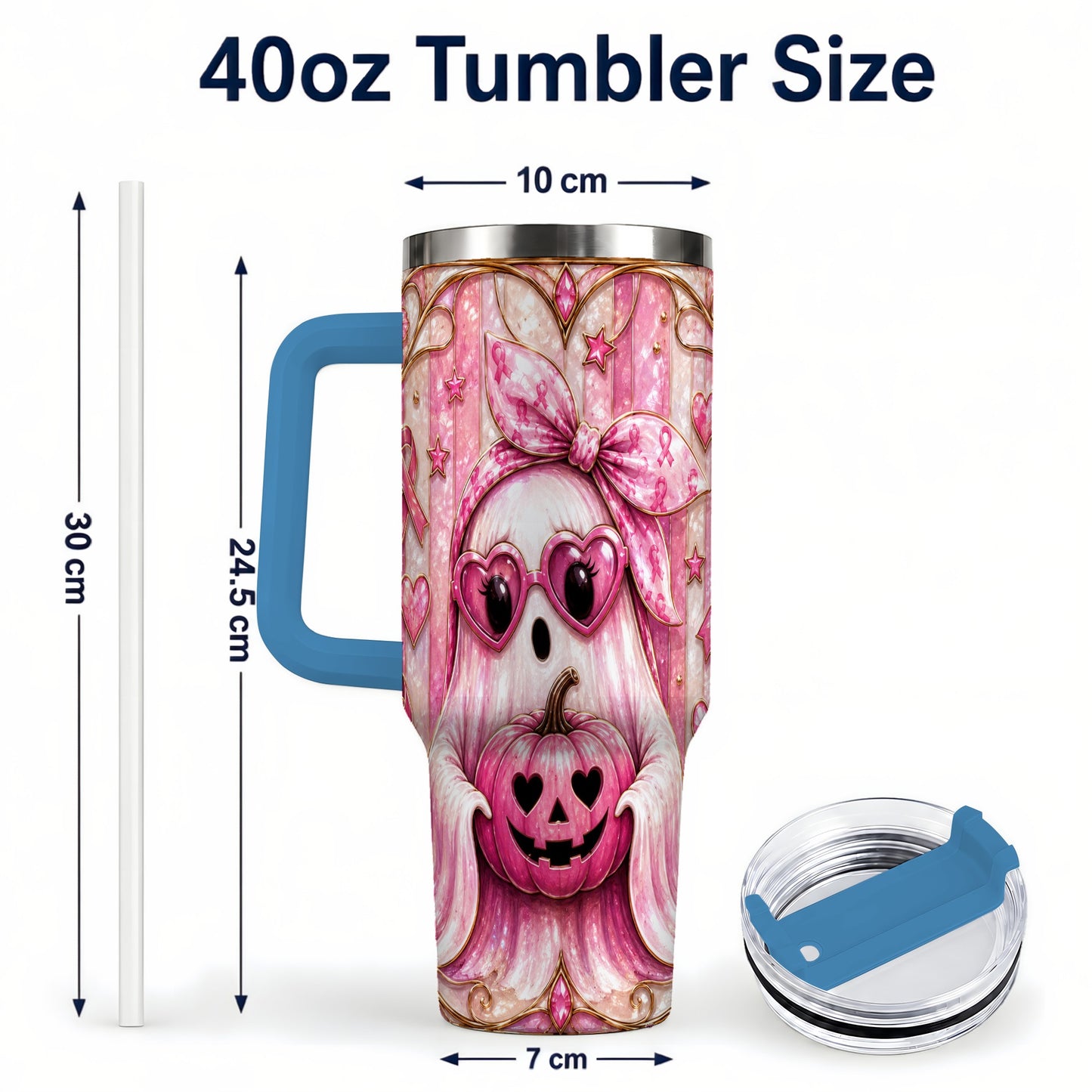 #pl[40oz|Blue] Ghost Pumpkin 40oz Tumbler with Handle, Stainless Steel Travel Cup