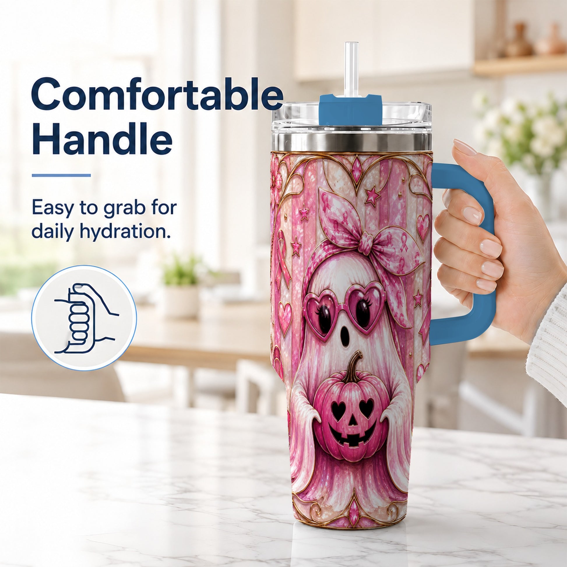#pl[40oz|Blue] Ghost Pumpkin 40oz Tumbler with Handle, Stainless Steel Travel Cup