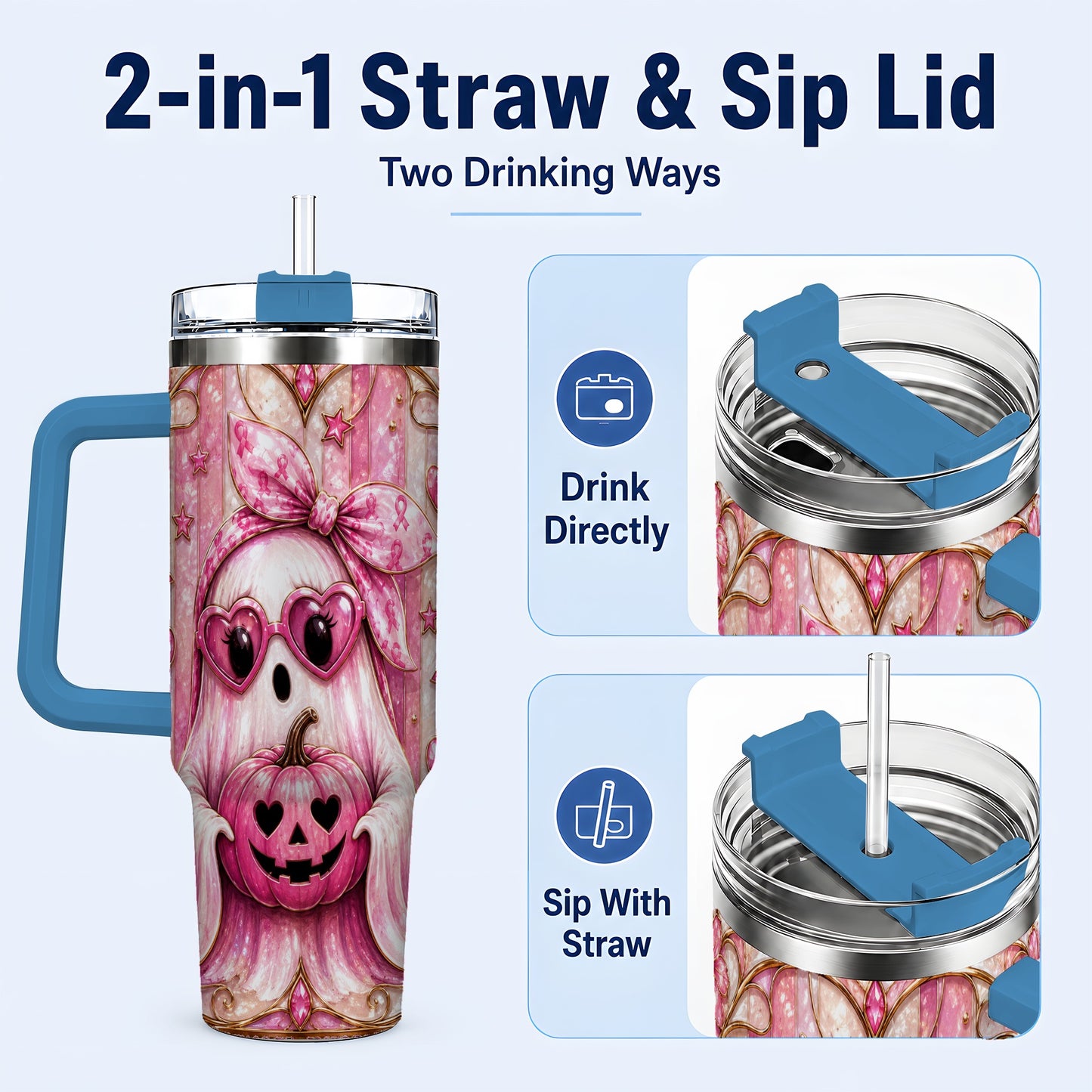 #pl[40oz|Blue] Ghost Pumpkin 40oz Tumbler with Handle, Stainless Steel Travel Cup