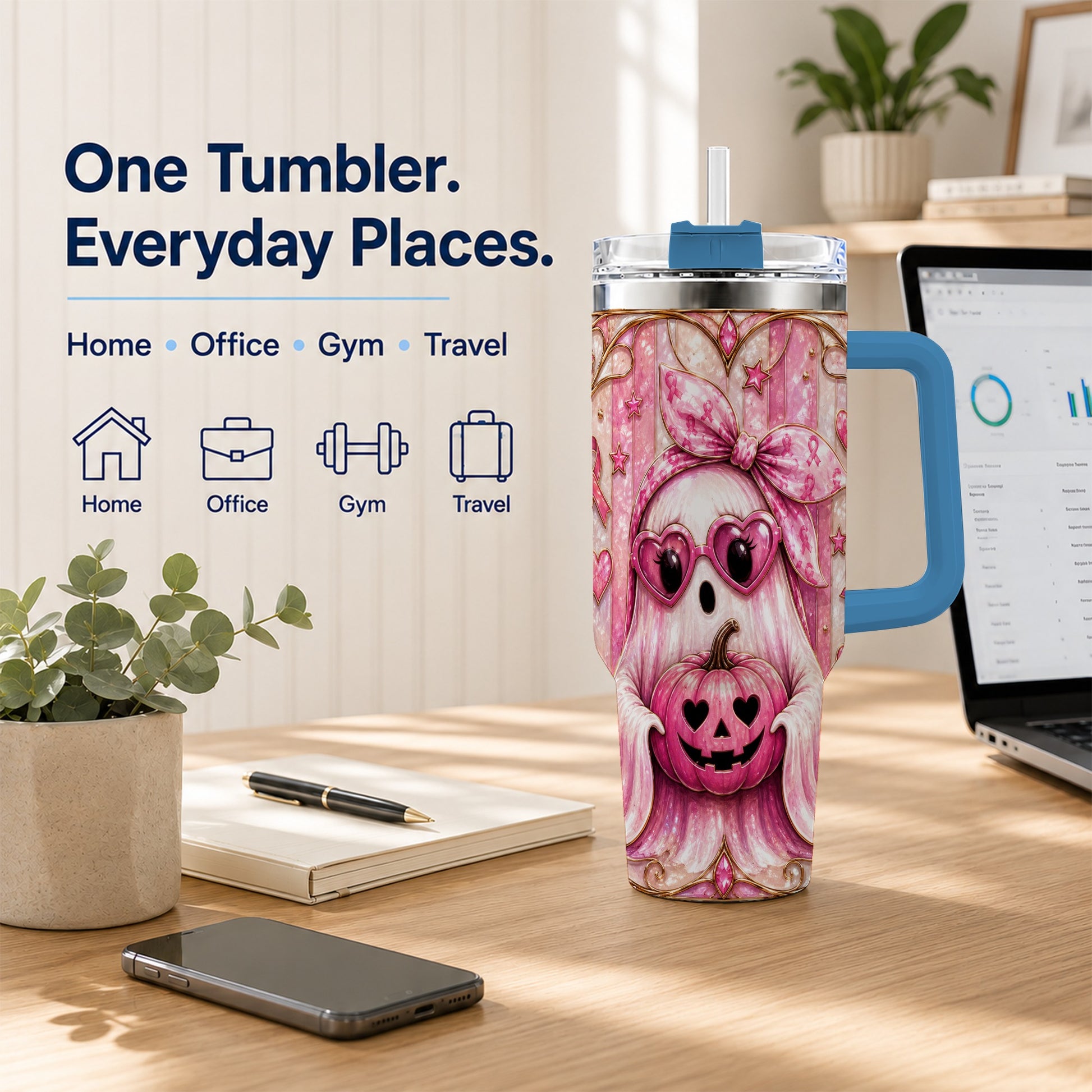 #pl[40oz|Blue] Ghost Pumpkin 40oz Tumbler with Handle, Stainless Steel Travel Cup