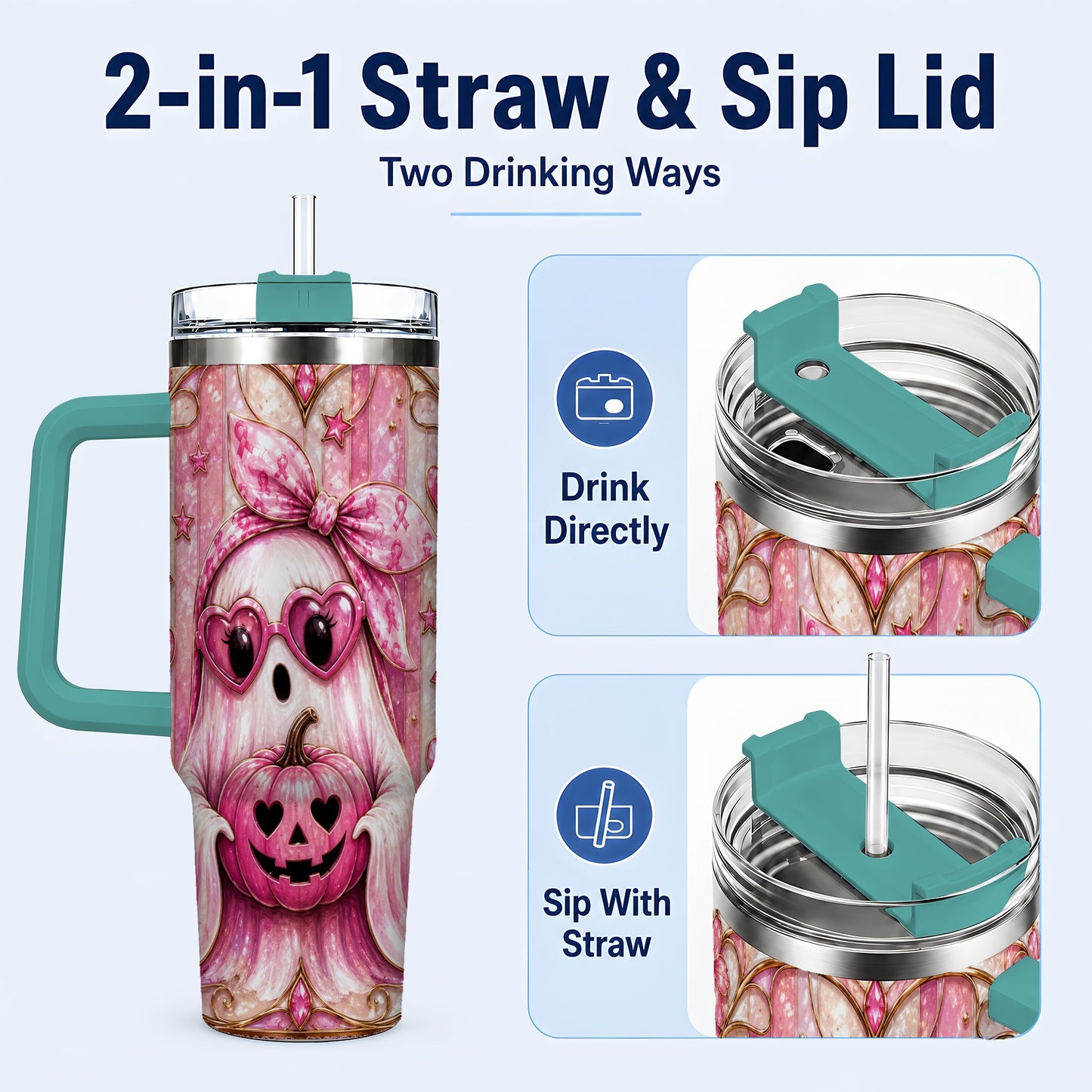 #pl[40oz|Green] Ghost Pumpkin 40oz Tumbler with Handle, Stainless Steel Travel Cup