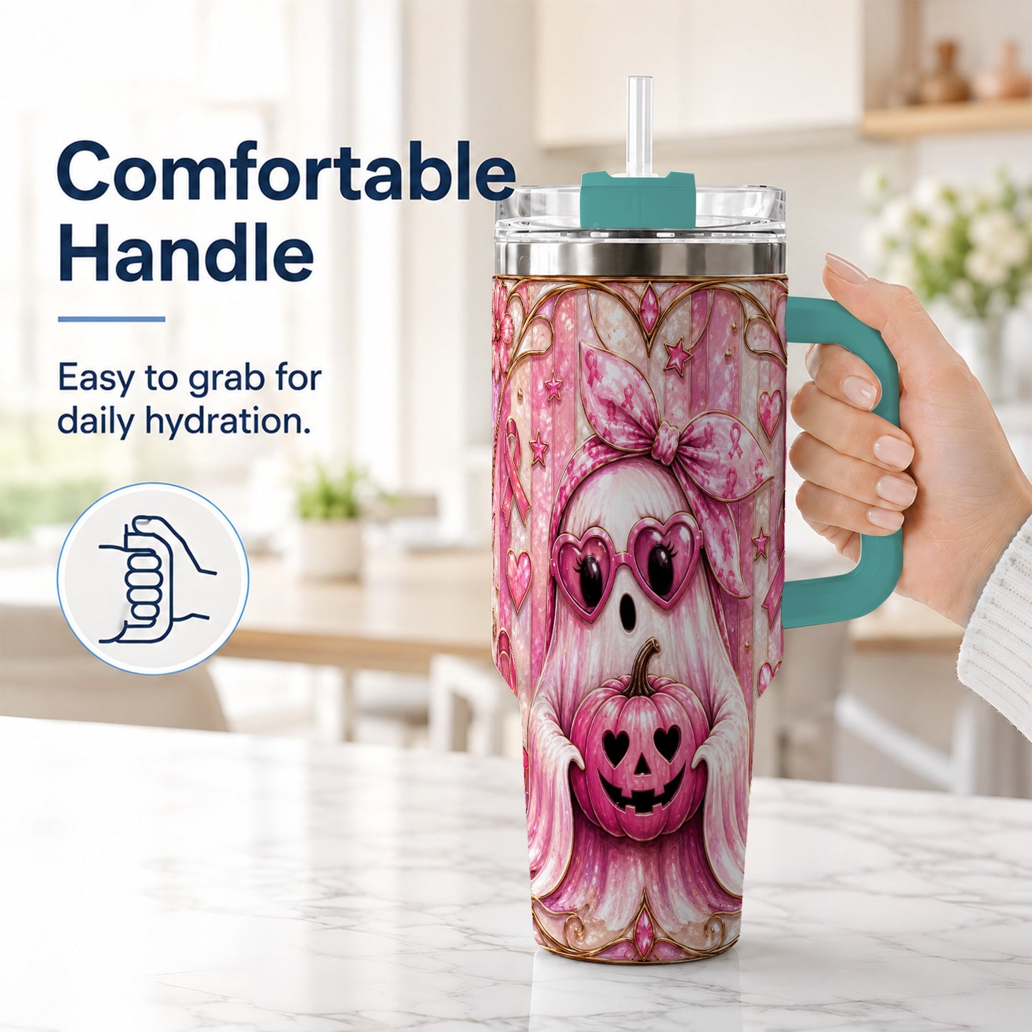 #pl[40oz|Green] Ghost Pumpkin 40oz Tumbler with Handle, Stainless Steel Travel Cup