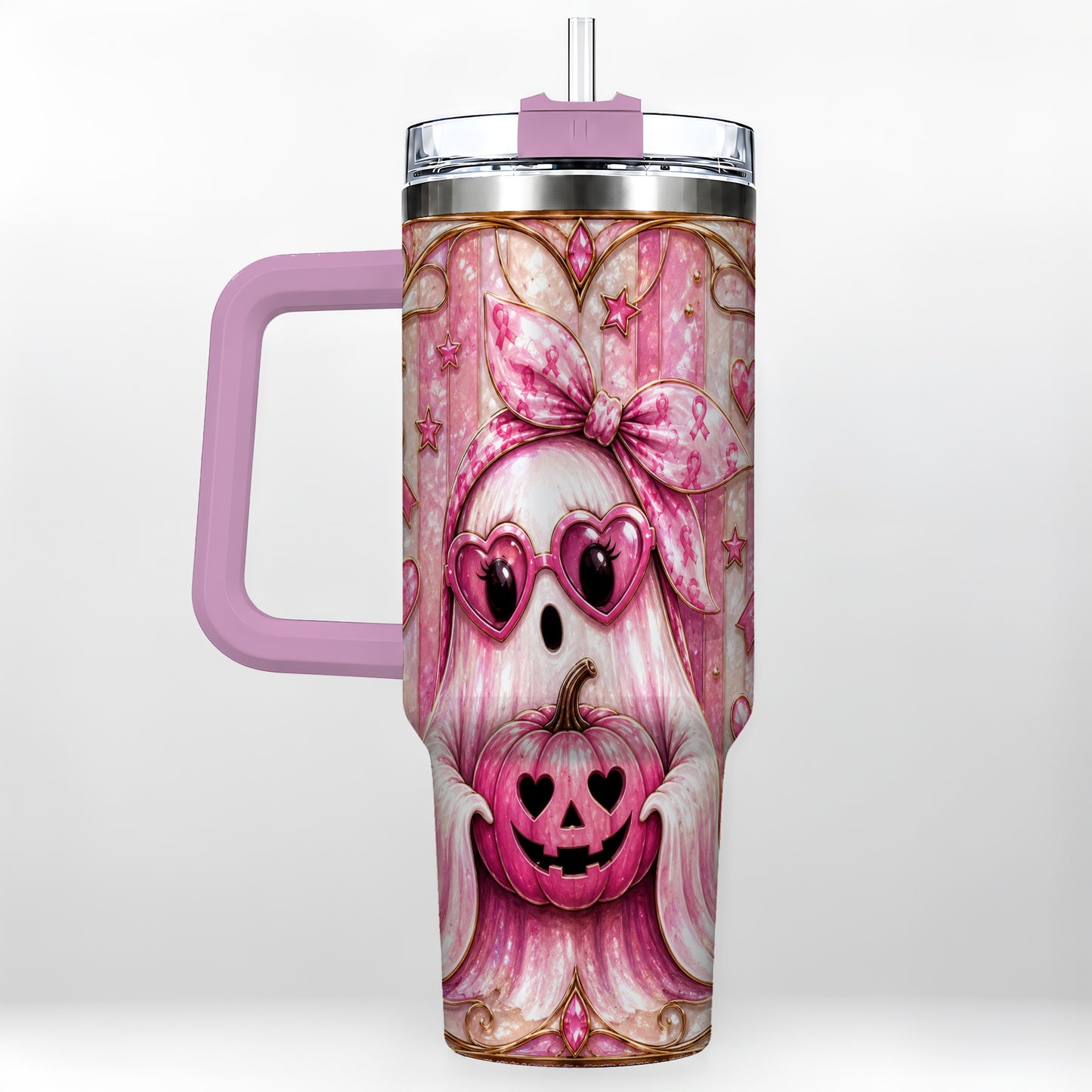 #pl[40oz|Pink] Ghost Pumpkin 40oz Tumbler with Handle, Stainless Steel Travel Cup
