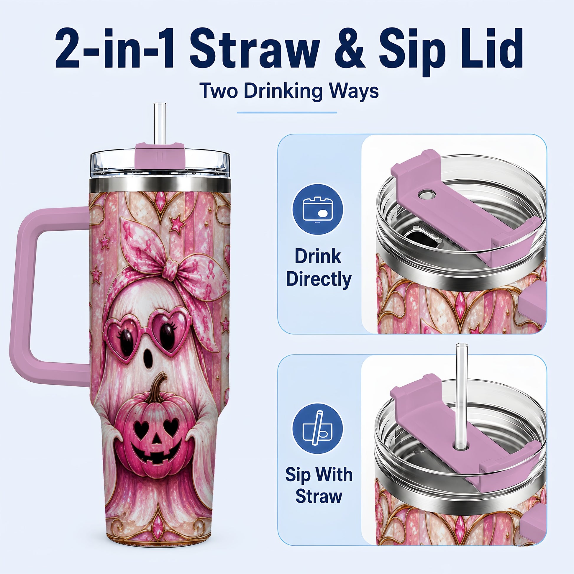 #pl[40oz|Pink] Ghost Pumpkin 40oz Tumbler with Handle, Stainless Steel Travel Cup