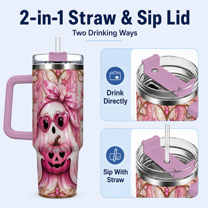 #pl[40oz|Pink] Ghost Pumpkin 40oz Tumbler with Handle, Stainless Steel Travel Cup