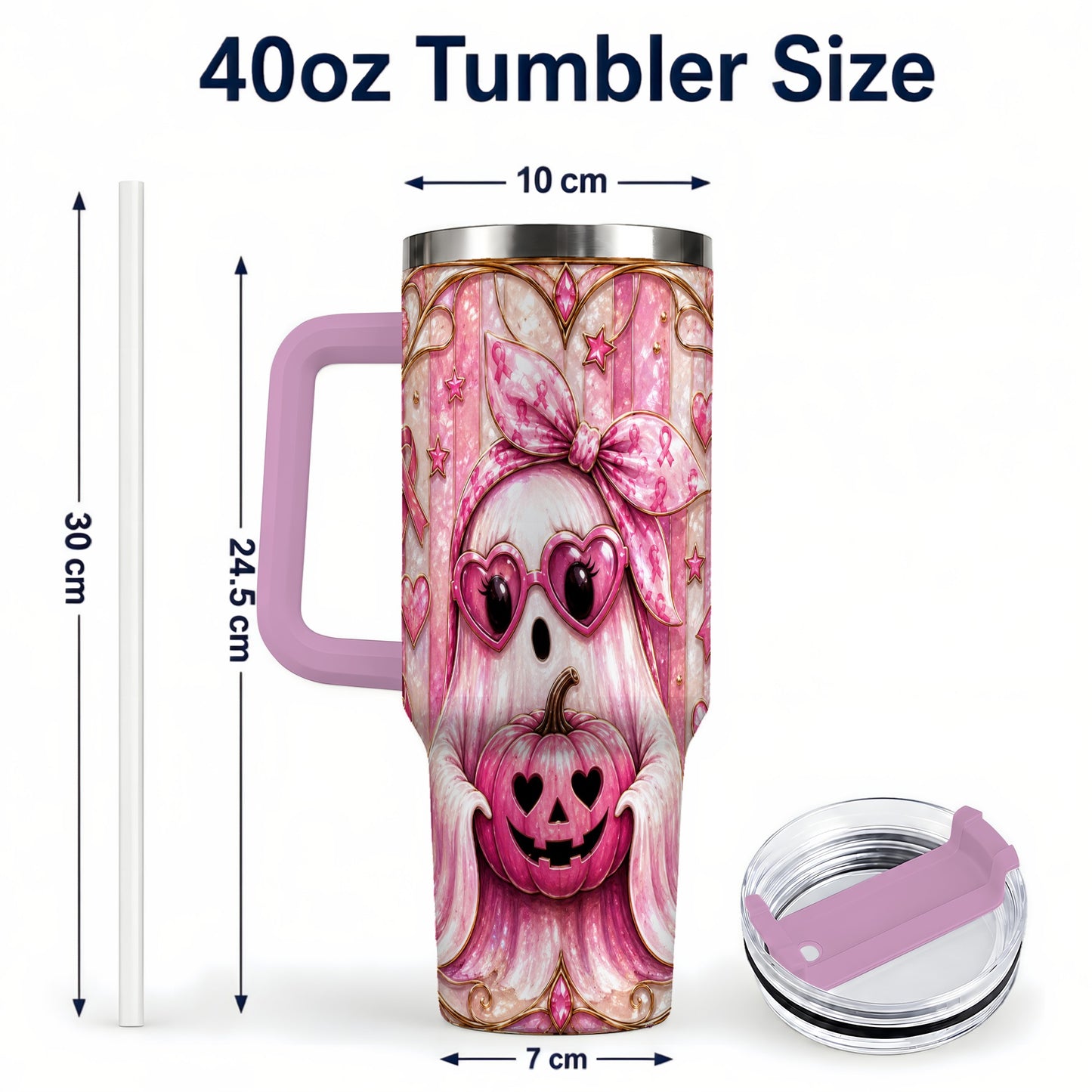 #pl[40oz|Pink] Ghost Pumpkin 40oz Tumbler with Handle, Stainless Steel Travel Cup
