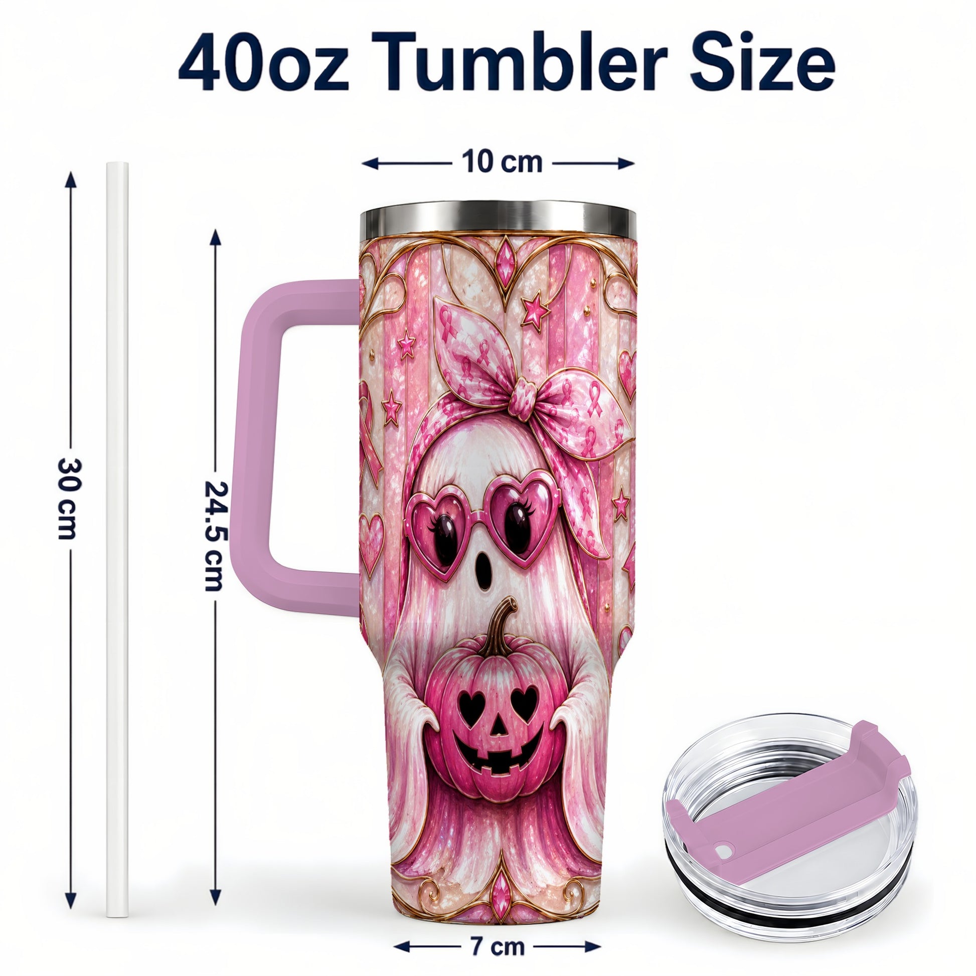 #pl[40oz|Pink] Ghost Pumpkin 40oz Tumbler with Handle, Stainless Steel Travel Cup