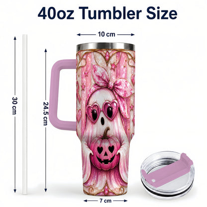 #pl[40oz|Pink] Ghost Pumpkin 40oz Tumbler with Handle, Stainless Steel Travel Cup
