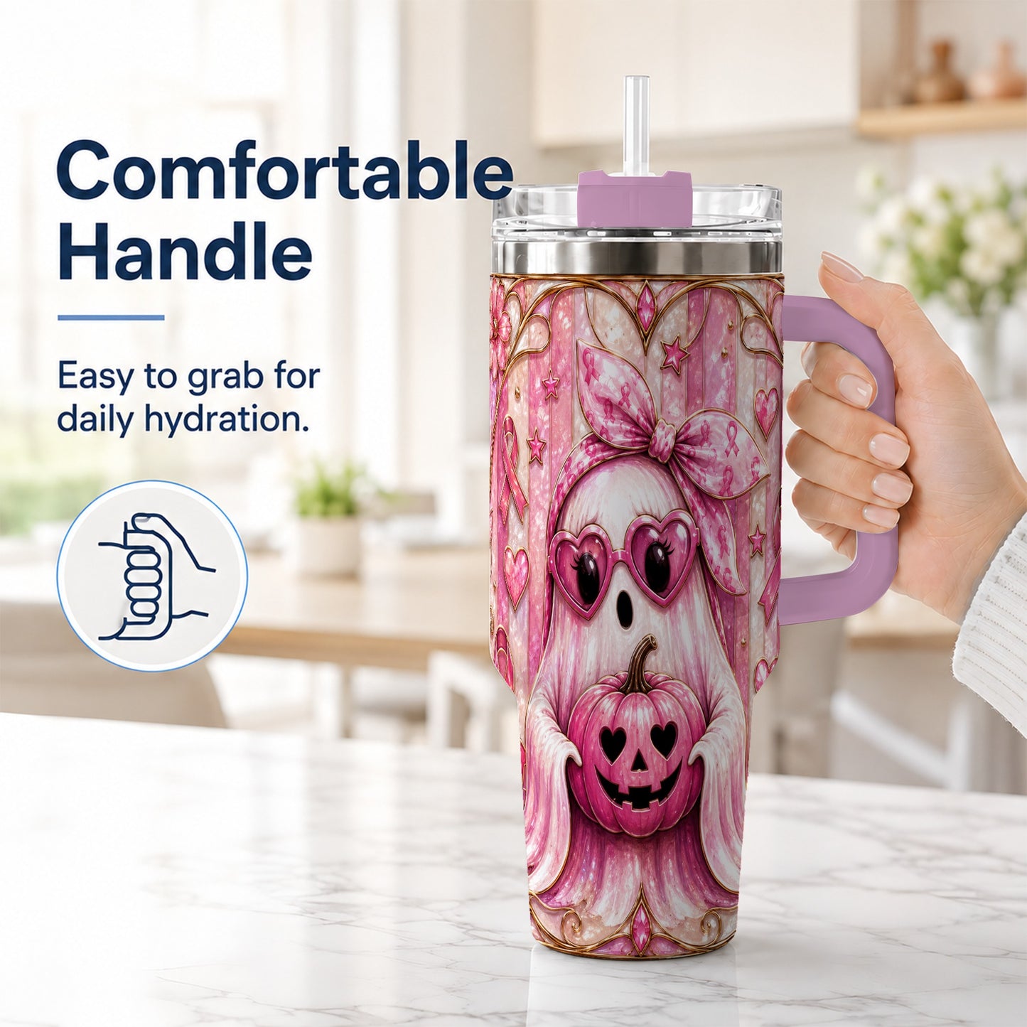 #pl[40oz|Pink] Ghost Pumpkin 40oz Tumbler with Handle, Stainless Steel Travel Cup
