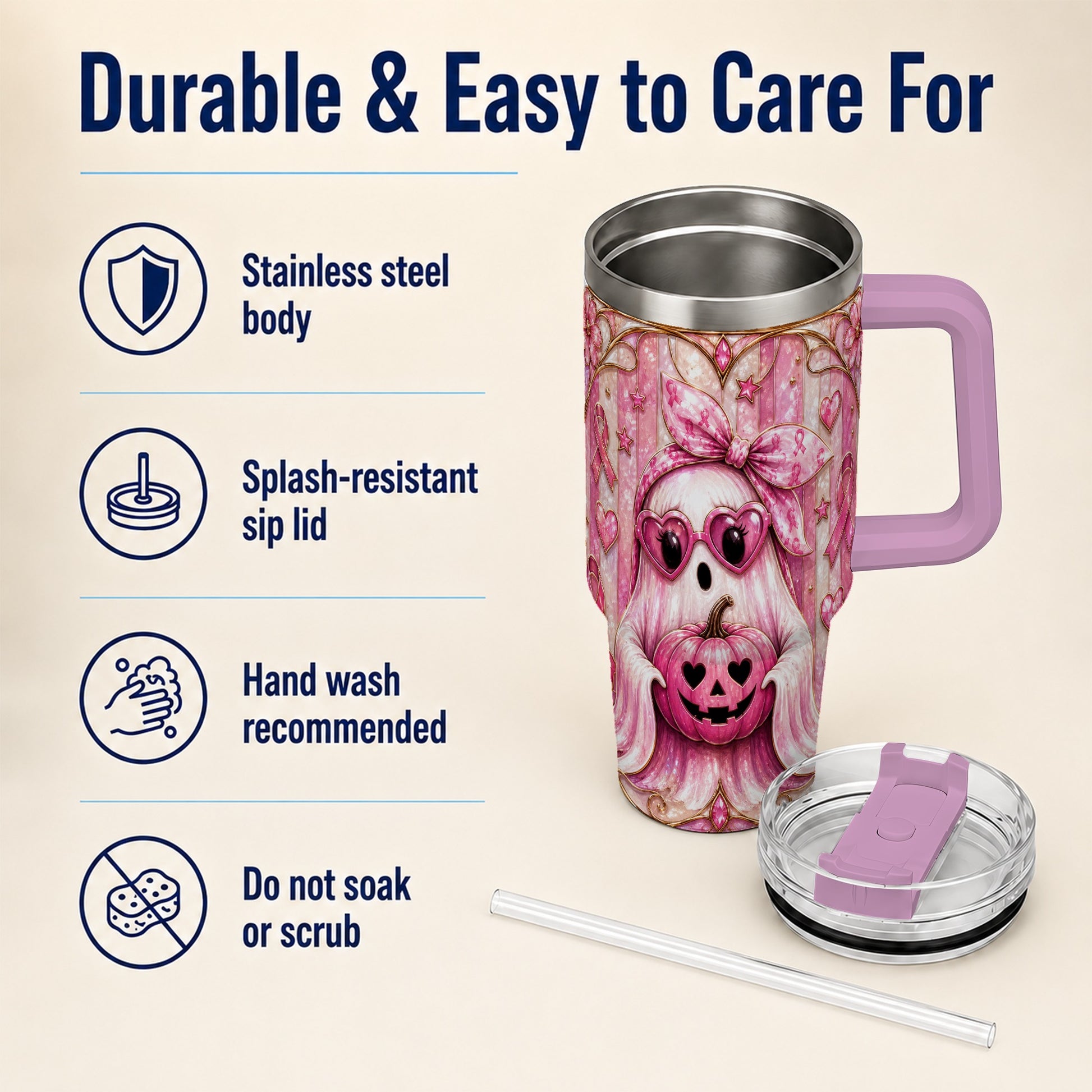 #pl[40oz|Pink] Ghost Pumpkin 40oz Tumbler with Handle, Stainless Steel Travel Cup