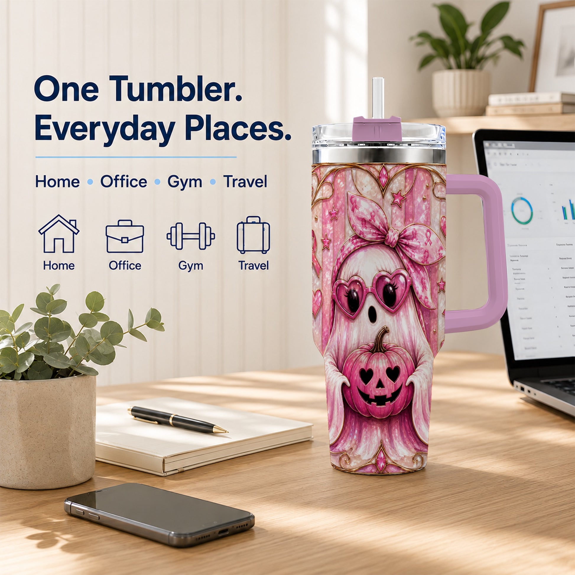 #pl[40oz|Pink] Ghost Pumpkin 40oz Tumbler with Handle, Stainless Steel Travel Cup